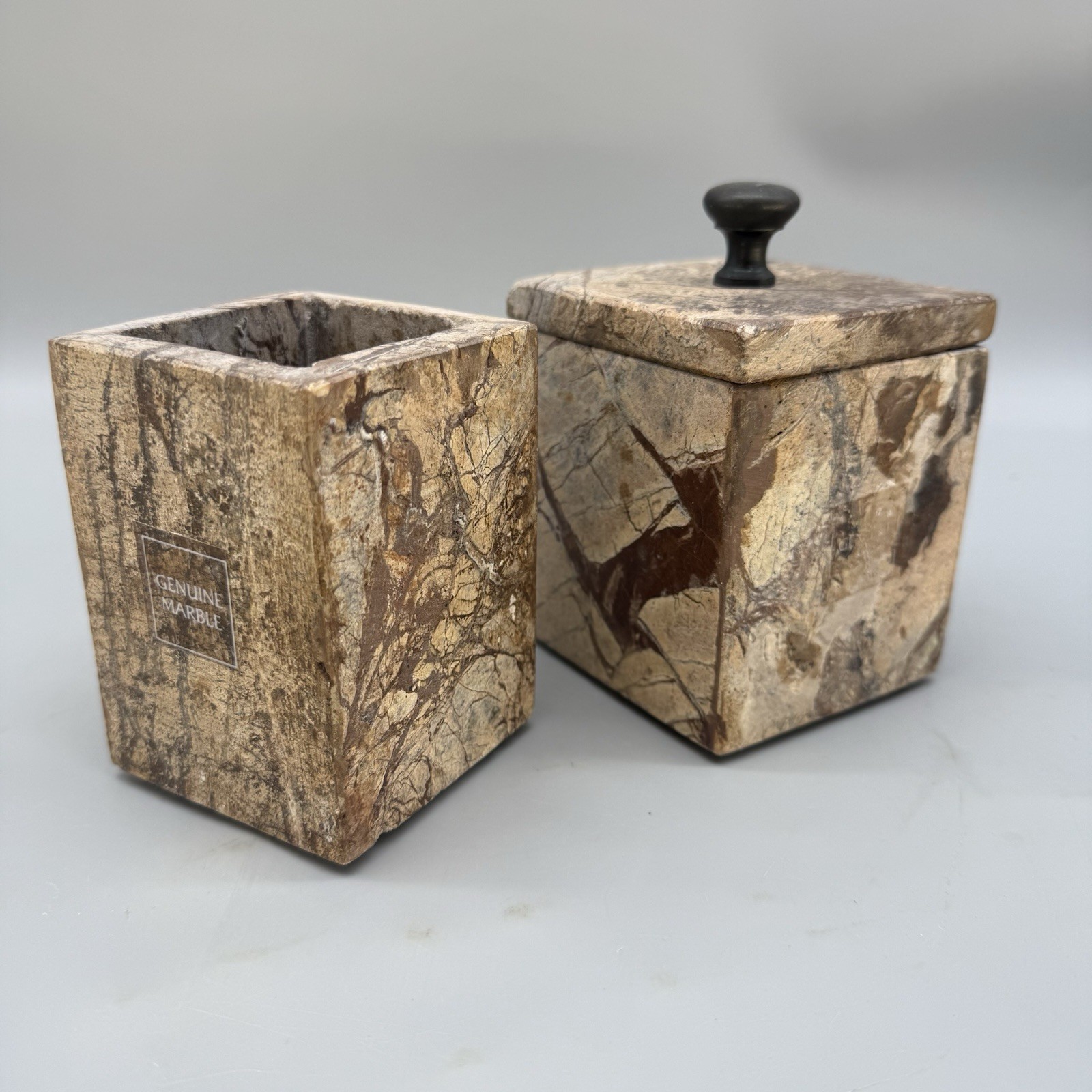 Vtg Marble Rectangle Pen Holder Trinket Box Set Brown Desktop Organizer