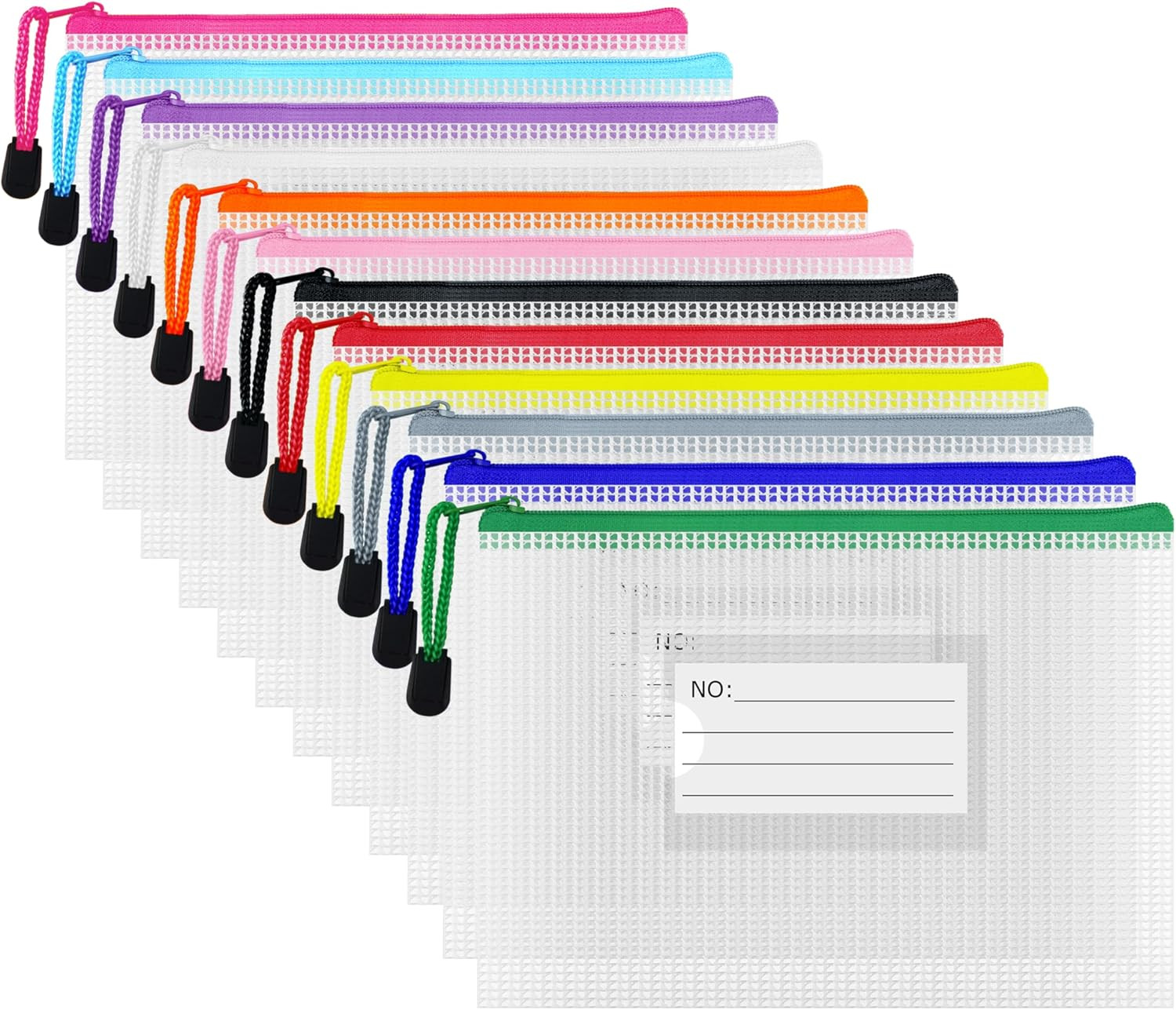 Plastic Mesh Zipper Pouch, 12Pcs Zipper File Bags with Label Pocket, Game Boards