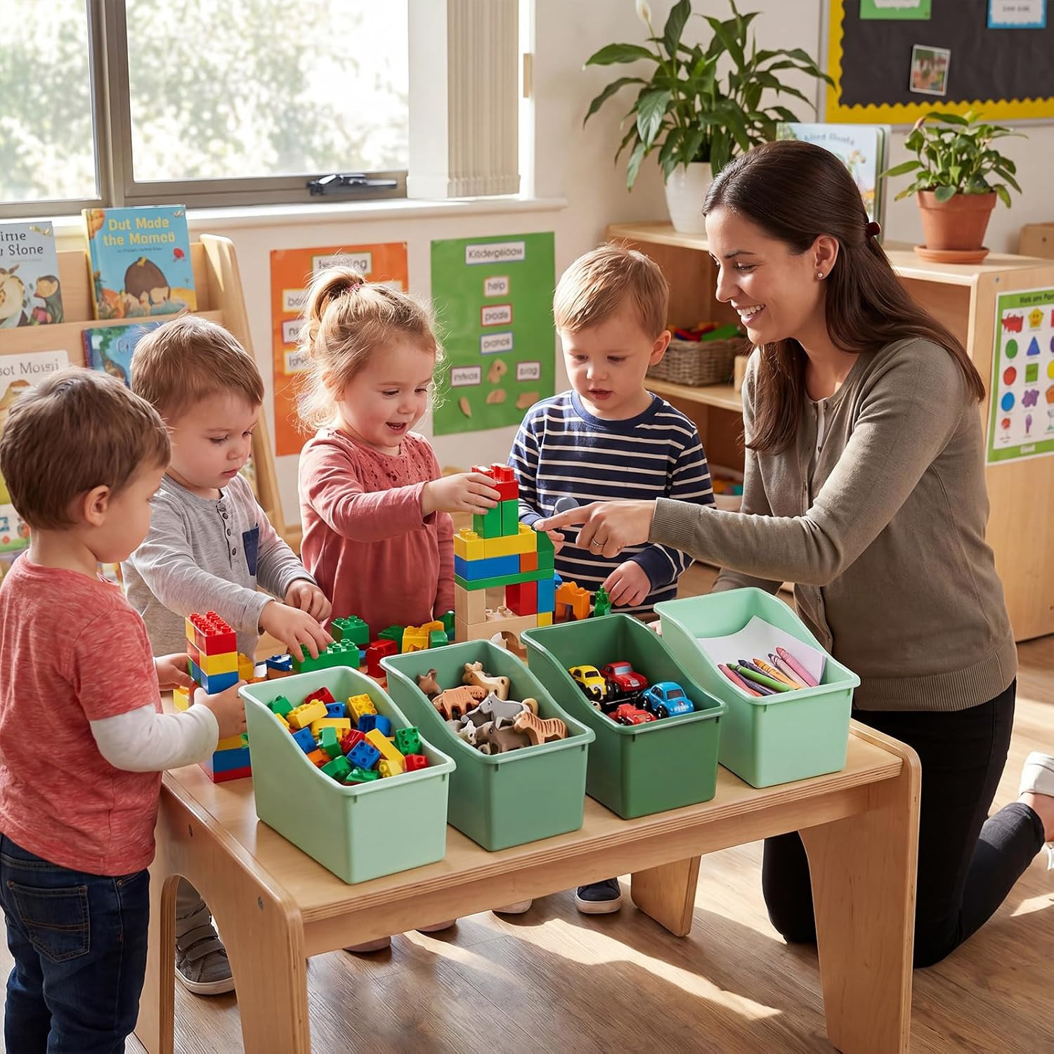 12 Pcs Book Bin for Classroom with Labels Stackable Plastic Organizing Bins 11.5