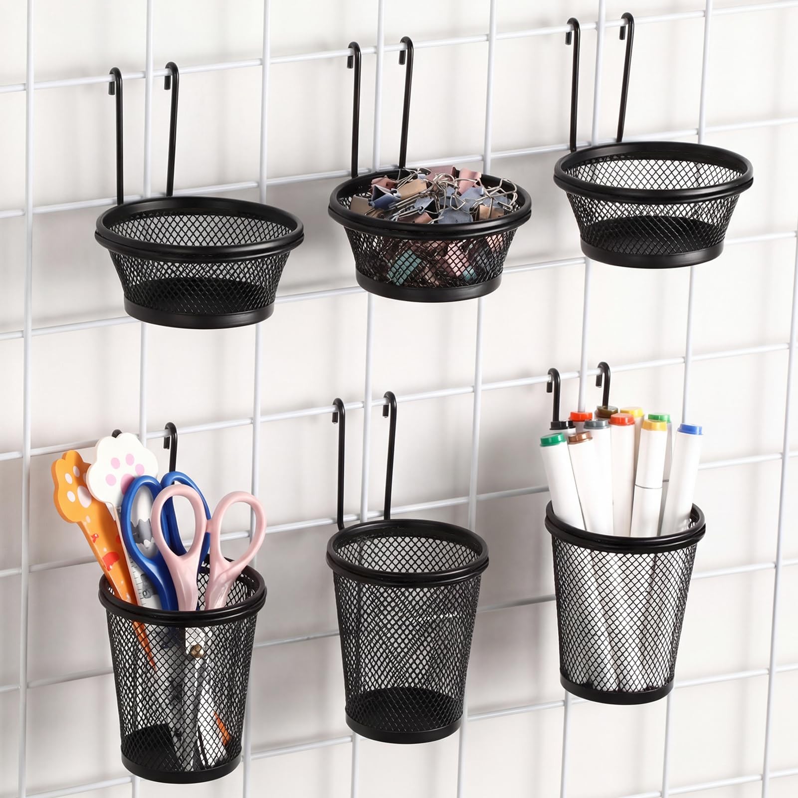6 Pcs Grid Wall Cups with Ring Hooks Hanging Pencil Holder Wall Mount Wire Gr…