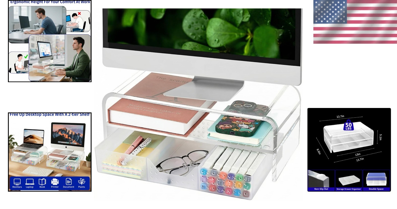 Sleek 2-Tier Acrylic Desk Riser with Drawer for Ultimate Office Organization
