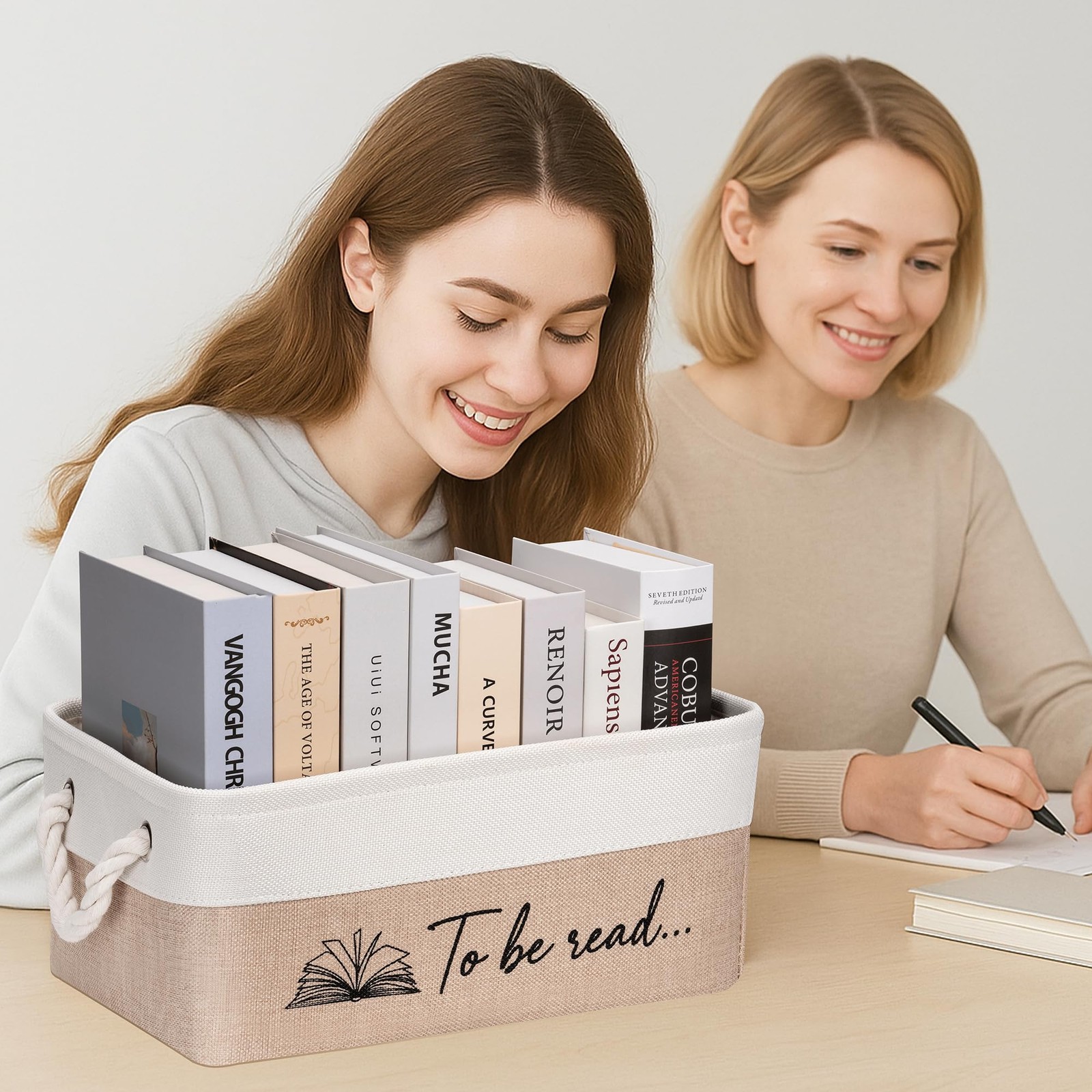 TBR Book Storage Basket To Be Read Organizer Bin Bookish Gift Khaki Decor