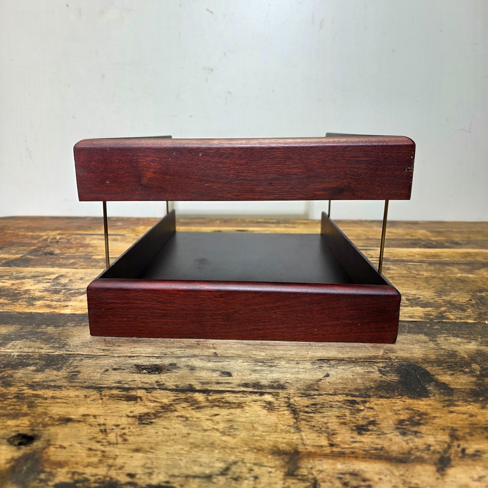 Vintage Carver Wood Products Desk Letter Tray 2 Tier Cherry Oak MCM Damage USA