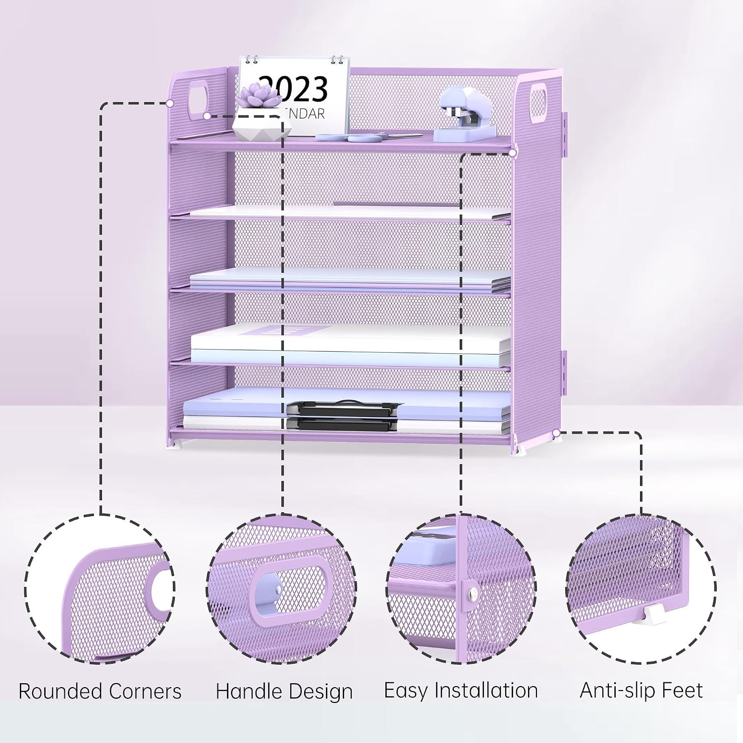2 Pack 5-Tier Purple Desk Organizer with Handle Mesh Desk File/Paper Organizer L