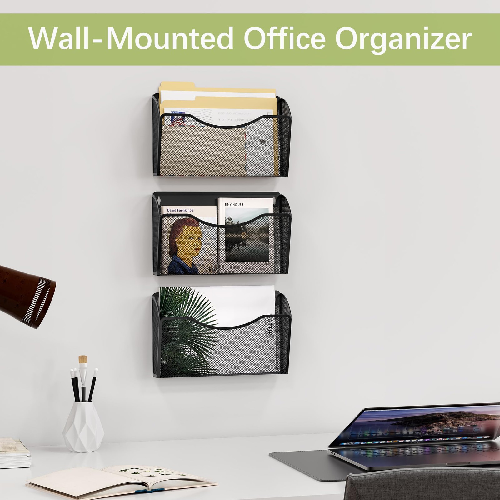 EasyPAG 3 Pocket Office Mesh Wall Mount Hanging File Holder Organizer,Black