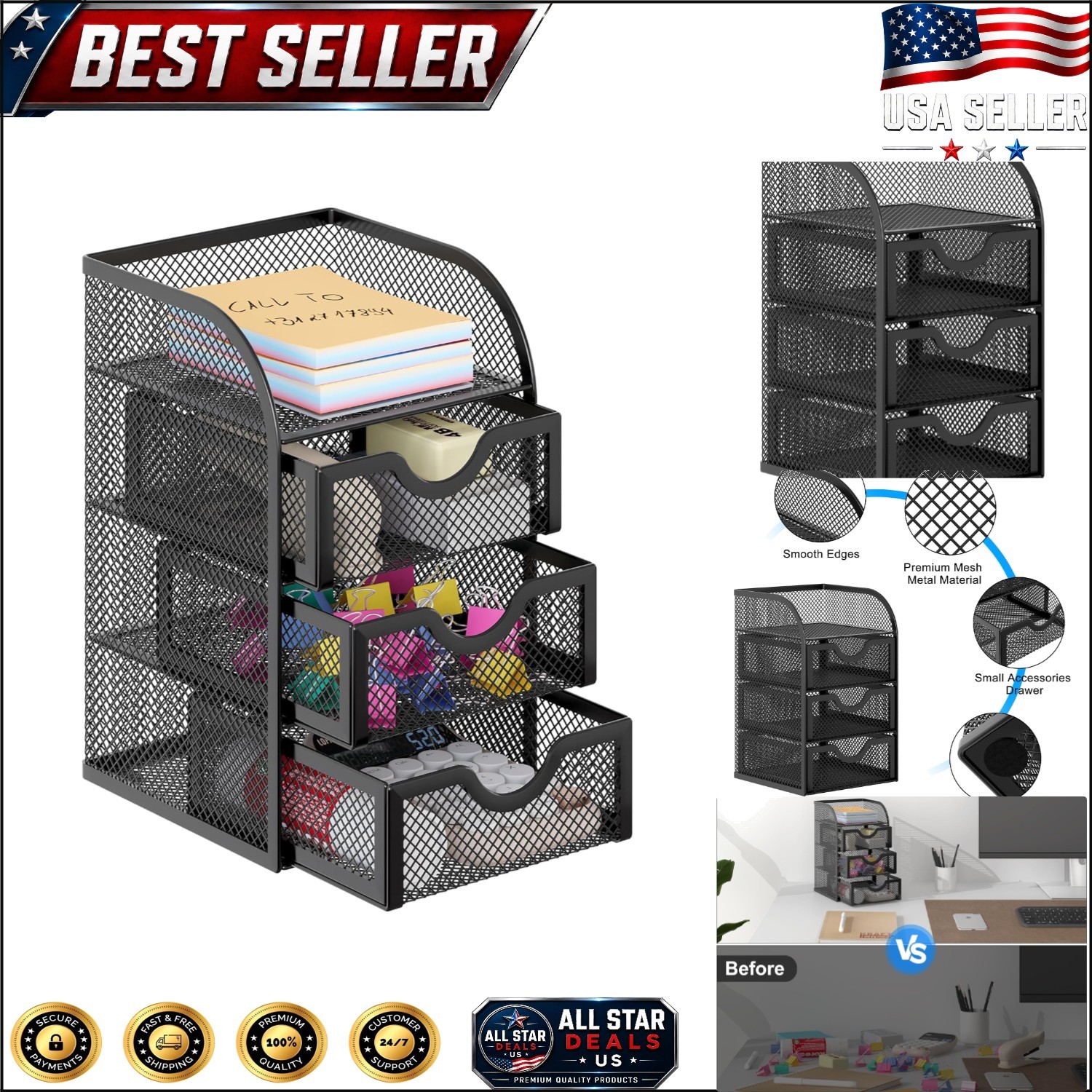 Durable Rust-Resistant Metal Desk Organizer with 3 Drawers & Visible Storage