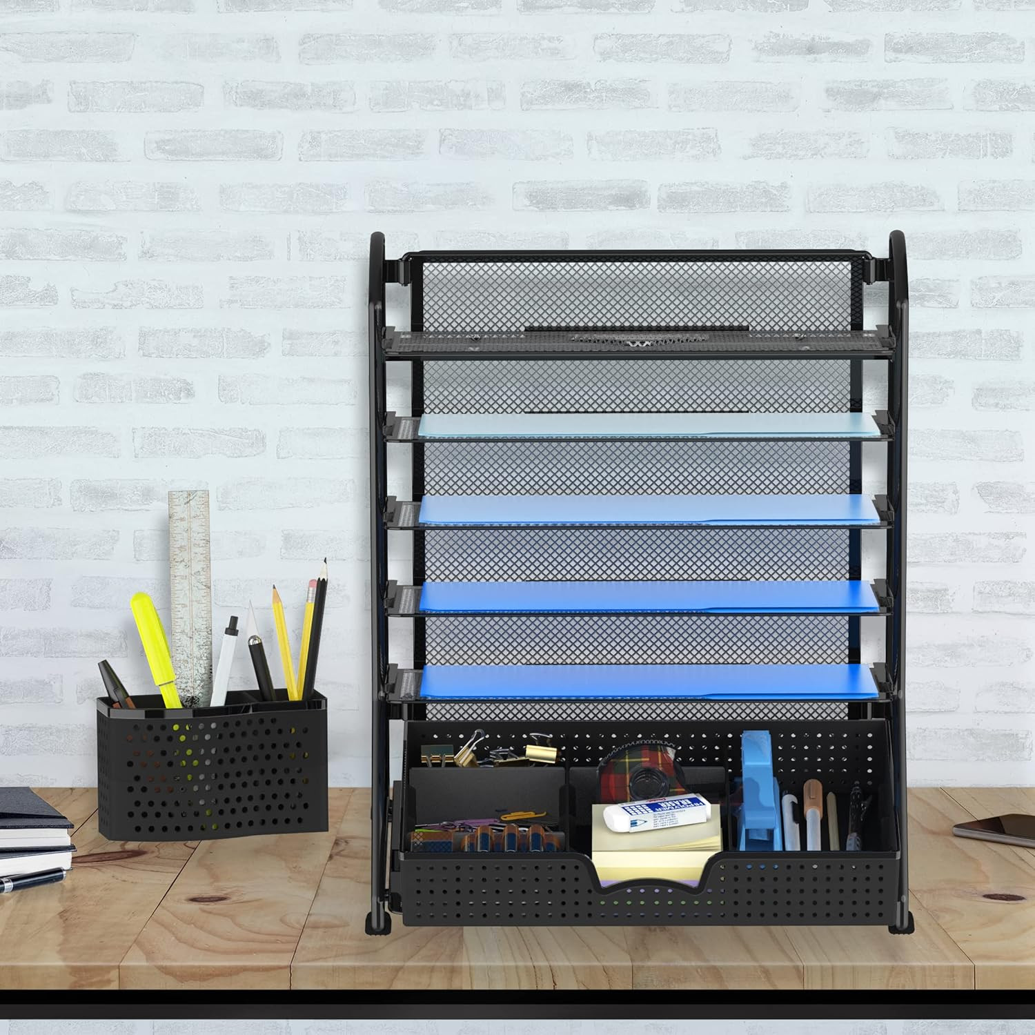 6-Tier Desk Document File Tray Organizer with Supplies Sliding Drawer, Black
