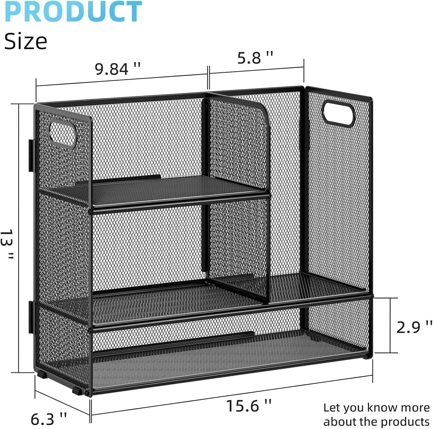 3-Tier Desk Shelf Organizer with Handle, Desktop Bookshelf File Holder, Mesh Dis