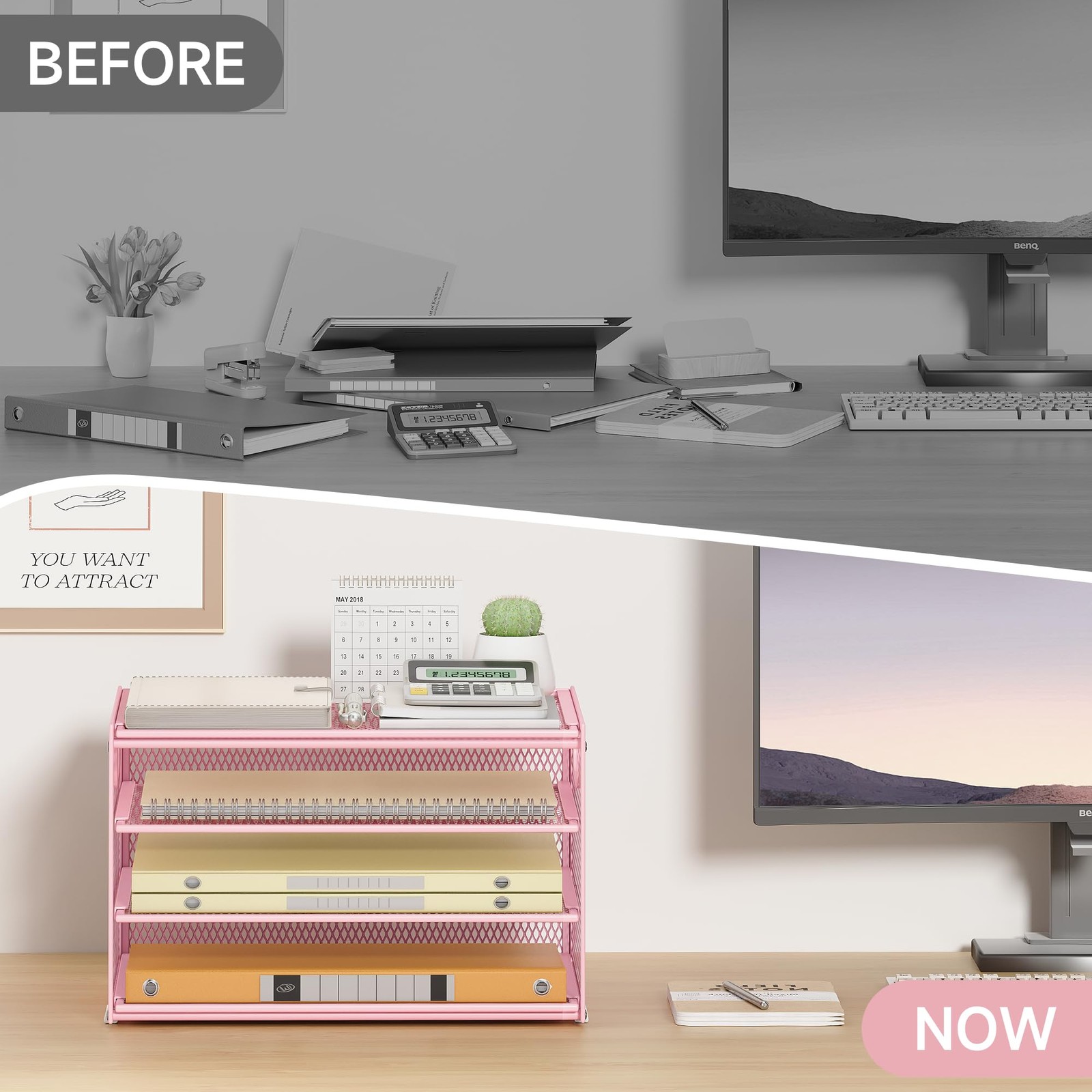 Paper Letter Tray Organizer Desk Pink Metal Mesh File Sorter 2 Sliding Trays