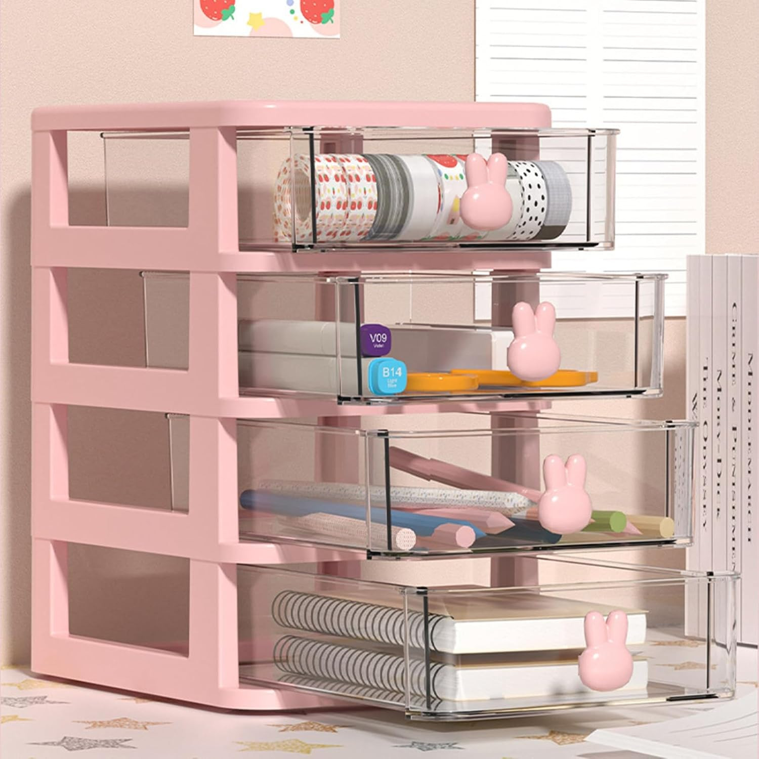 Large Capacity Transparent Plastic Desk Organizer with Bunny Handle, Multi-Tier