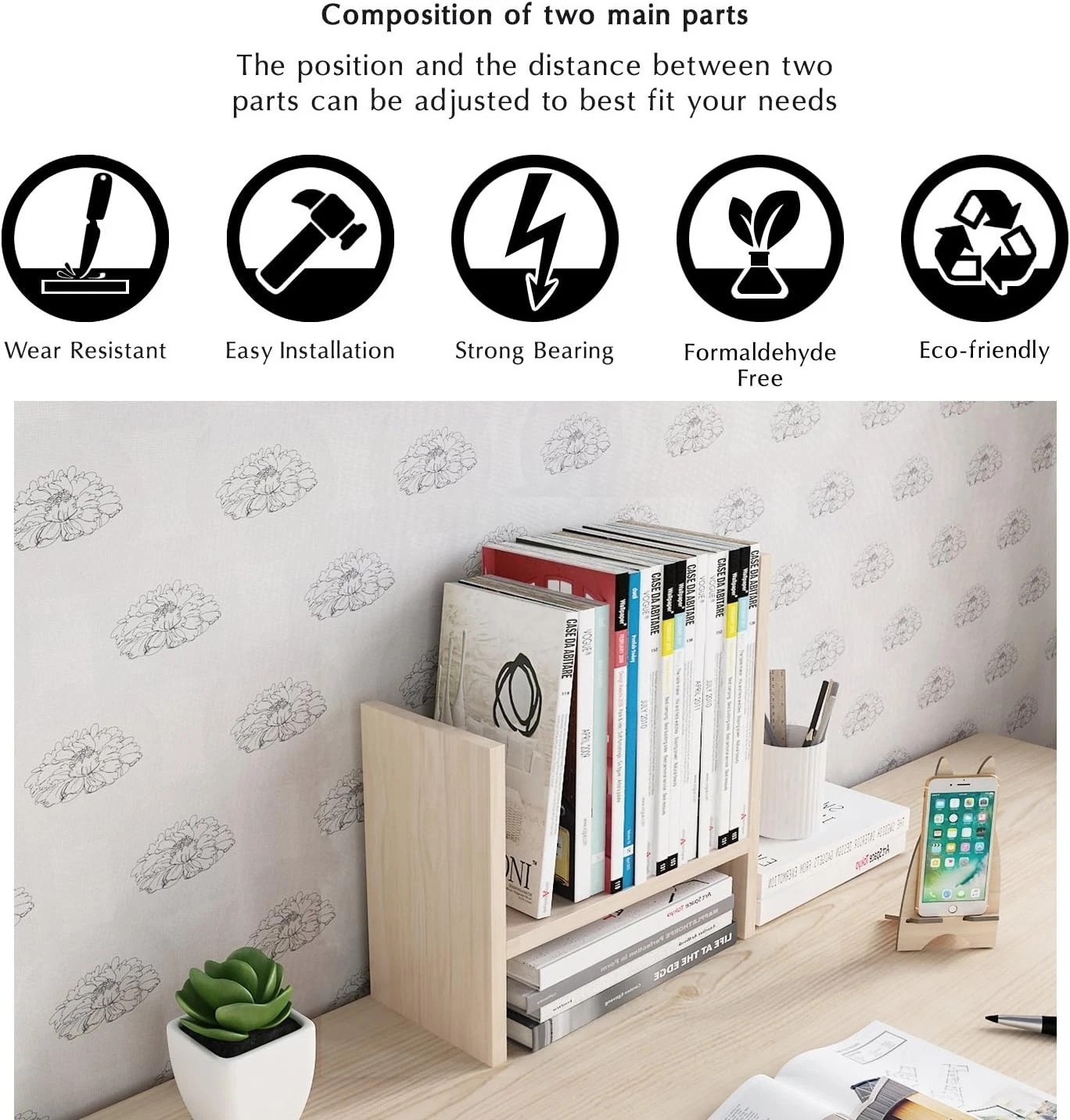 Adjustable Desktop Organizer – Stylish White Wood Mini Bookshelf for Office