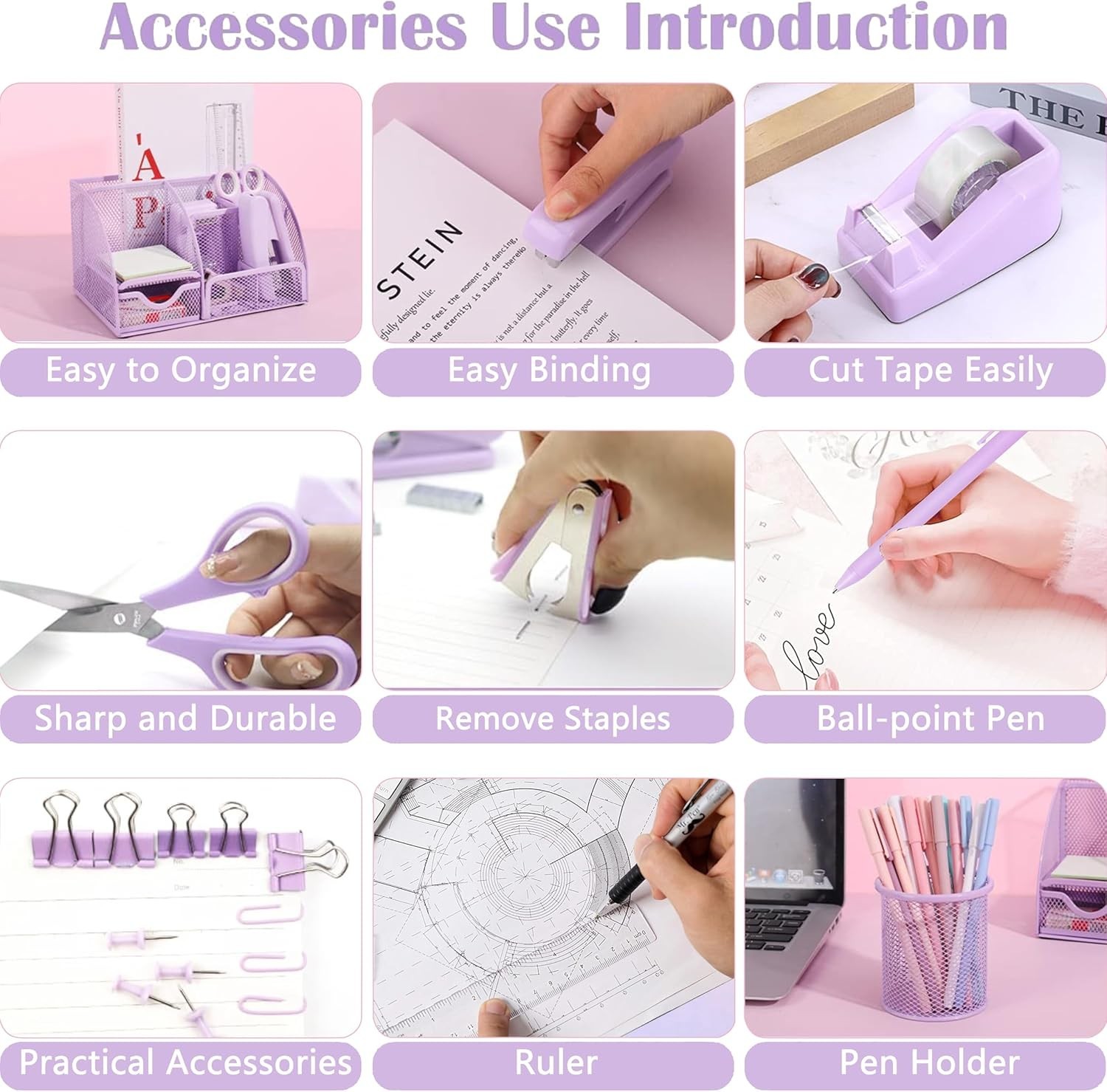 Purple Office Desk Accessories Supplies, 12pcs Desk Organizers and Accessorie…