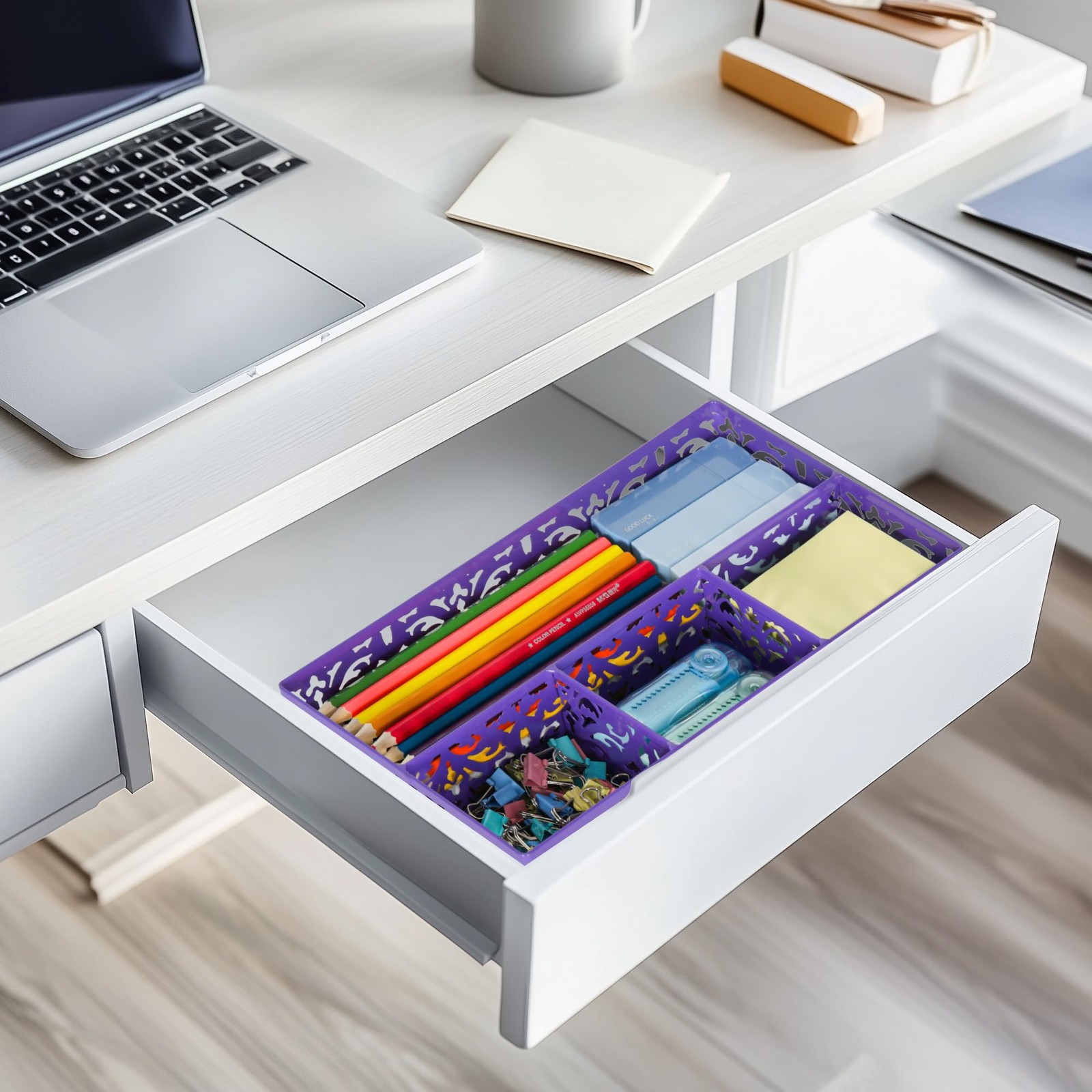 EasyPAG Desk Drawer Organizer with 4 Compartments, Carved Hollow Purple