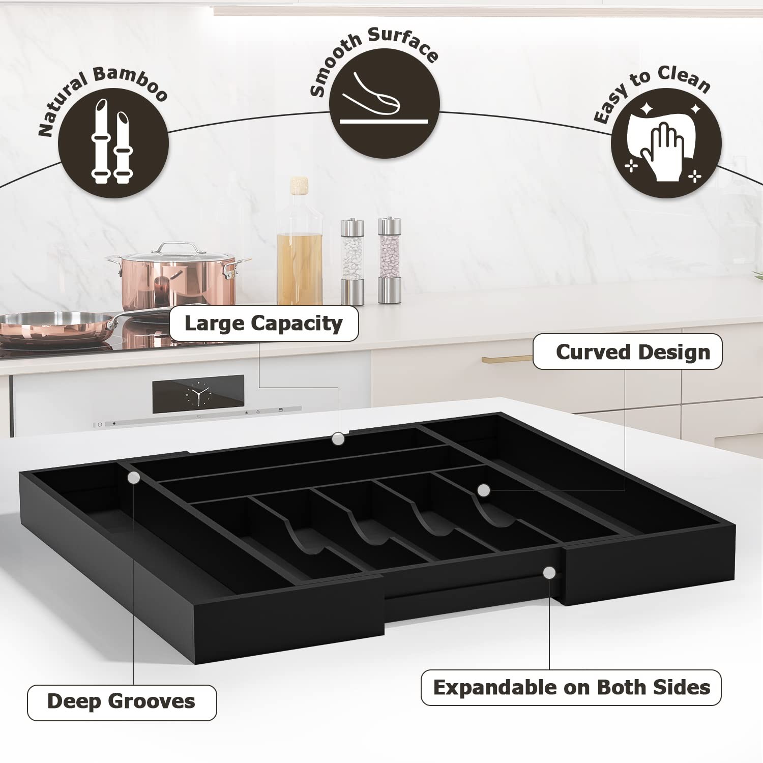 Utensil Organizer Silverware Drawer – Bamboo 9 Slot, Black