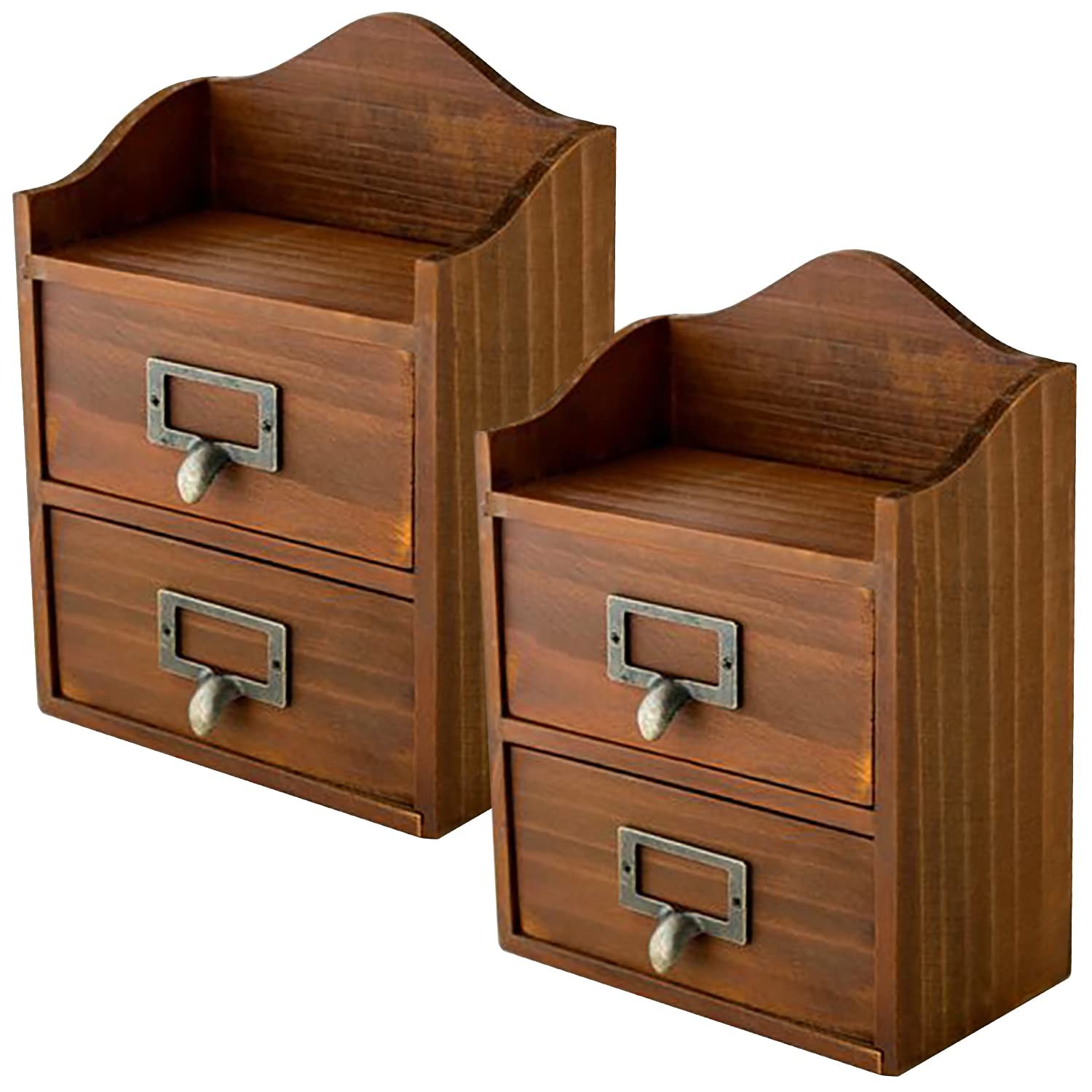 Mini Vintage 2 Drawer Desktop Organizer – Rustic Card Catalog with Label Hold…