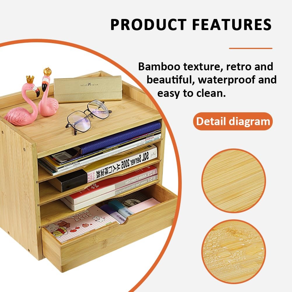 5-Tier Bamboo Desk Organizer with Drawer Tabletop File Organizer Document Hol…