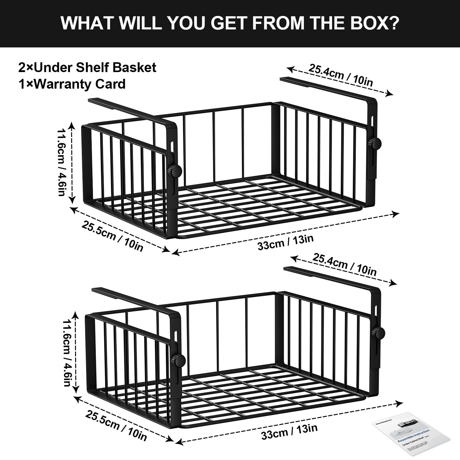 AmonHouseware 2Pack Under Shelf Basket Organizer,Adjustable Large, Black