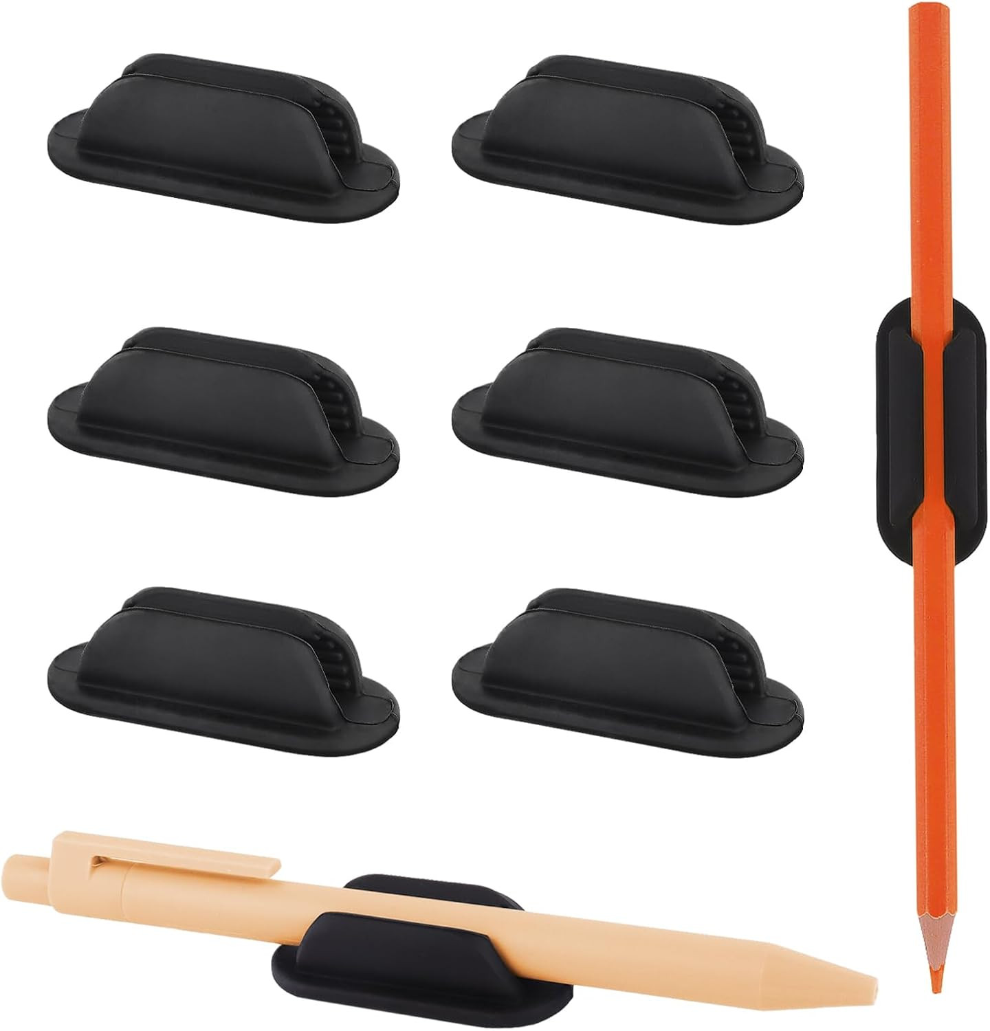 6 Pack Adhesive Pencil Holders for Desk, Flexible Black Silicone Pen Holder with