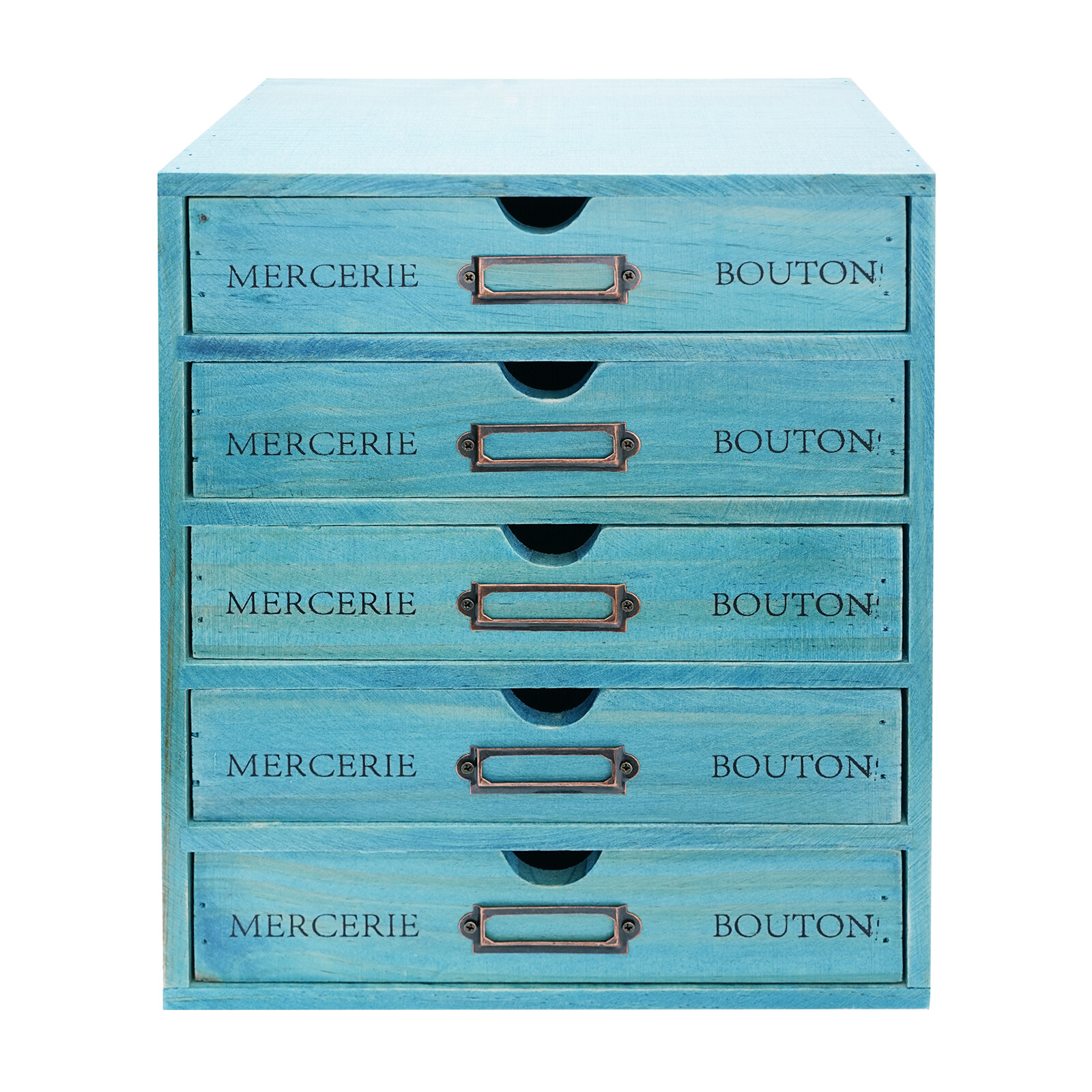 Five-Piece Set Pine Wood Desktop Drawers Vintage Wooden Desktop Organizer Blue