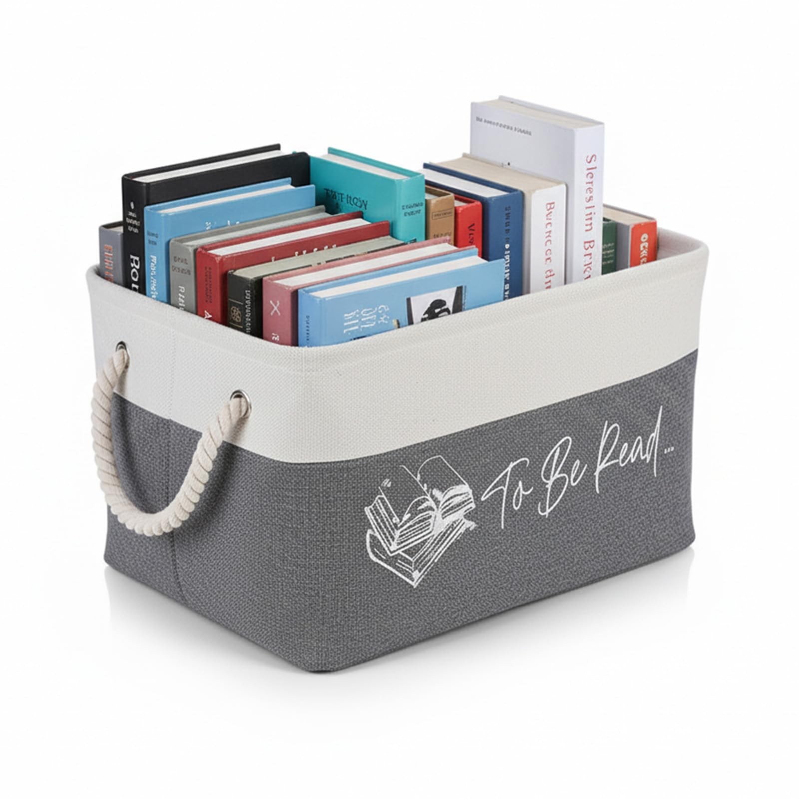 Book Storage Basket, TBR Fabric Bin with Rope Handles, To Be Read Book Organi…