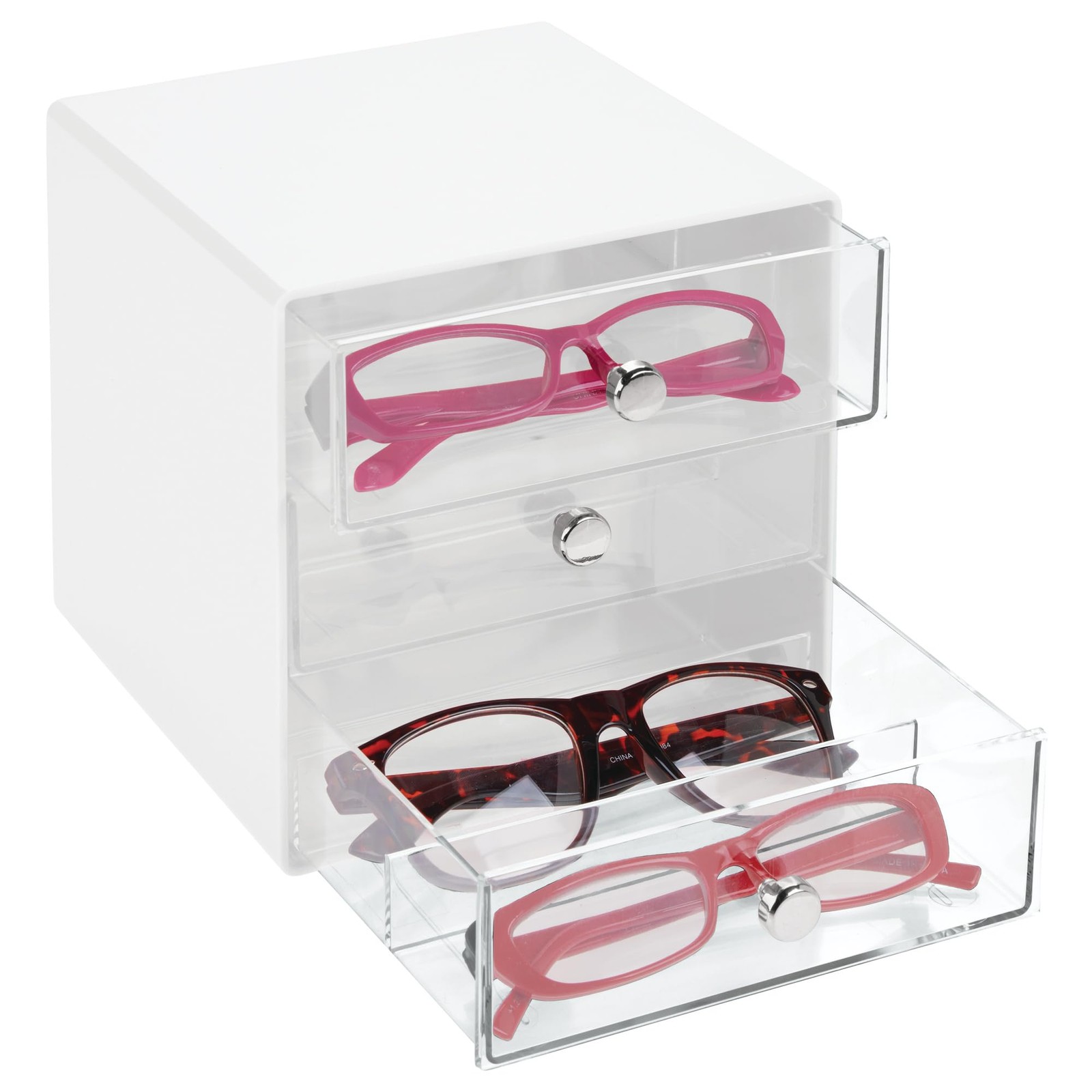 iDesign Divided 3-Drawer Stackable Organizer for Glasses, Sunglasses, White