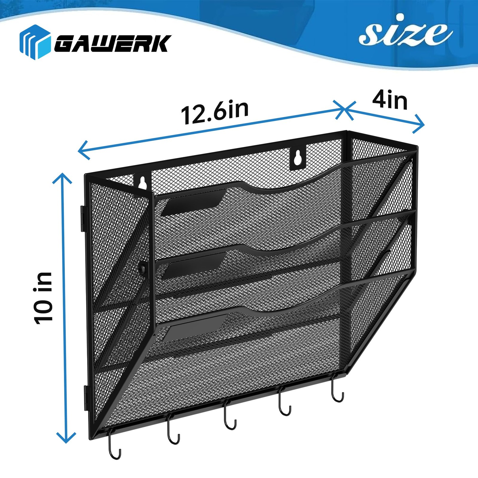Gawerk Hanging Wall File Organizer with 5 Hooks – 3 Tier, 5-Tier Black