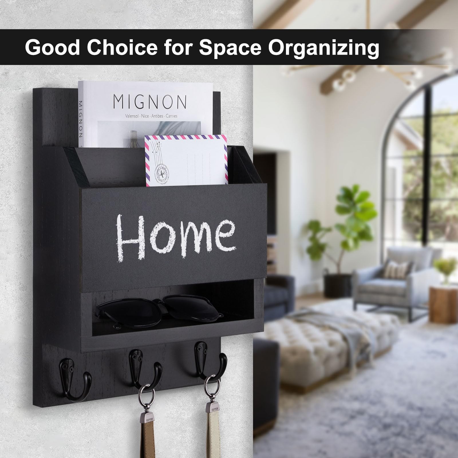 Black Key Mail Holder Wall Mount Chalkboard Storage Box 3 Hooks Organizer