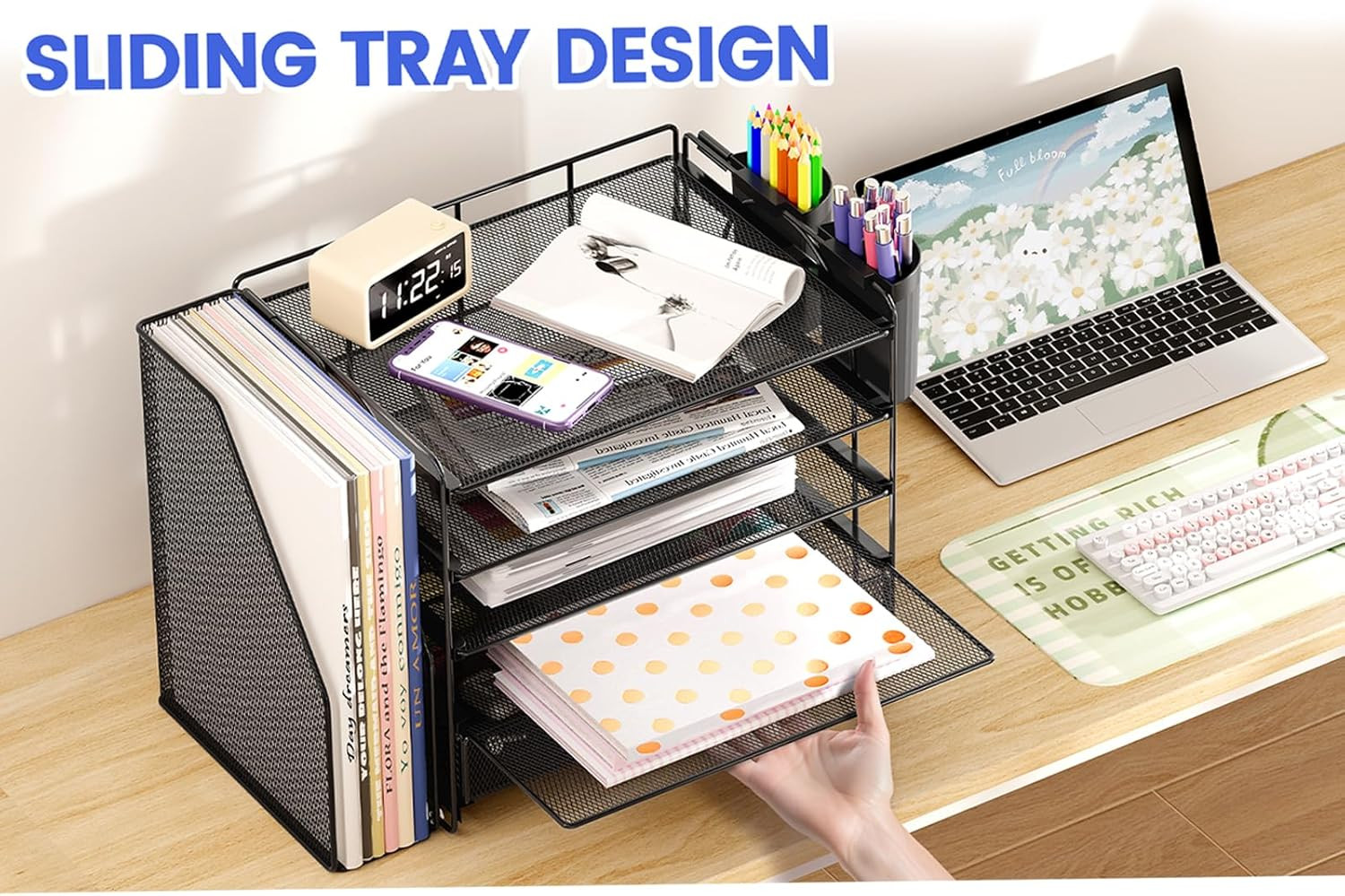 Desk Organizer, 5-Tier Paper File Organizer with Drawer & Pen Holder, Office Des