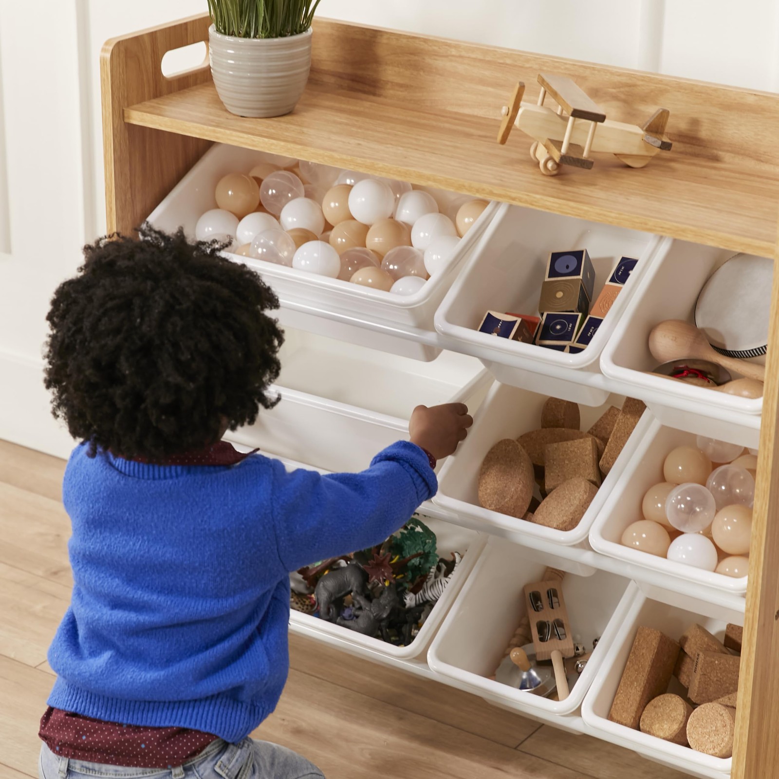 3-Tier Organizer with Shelf and 9 Bins, Toy Storage, Dark Natural/White