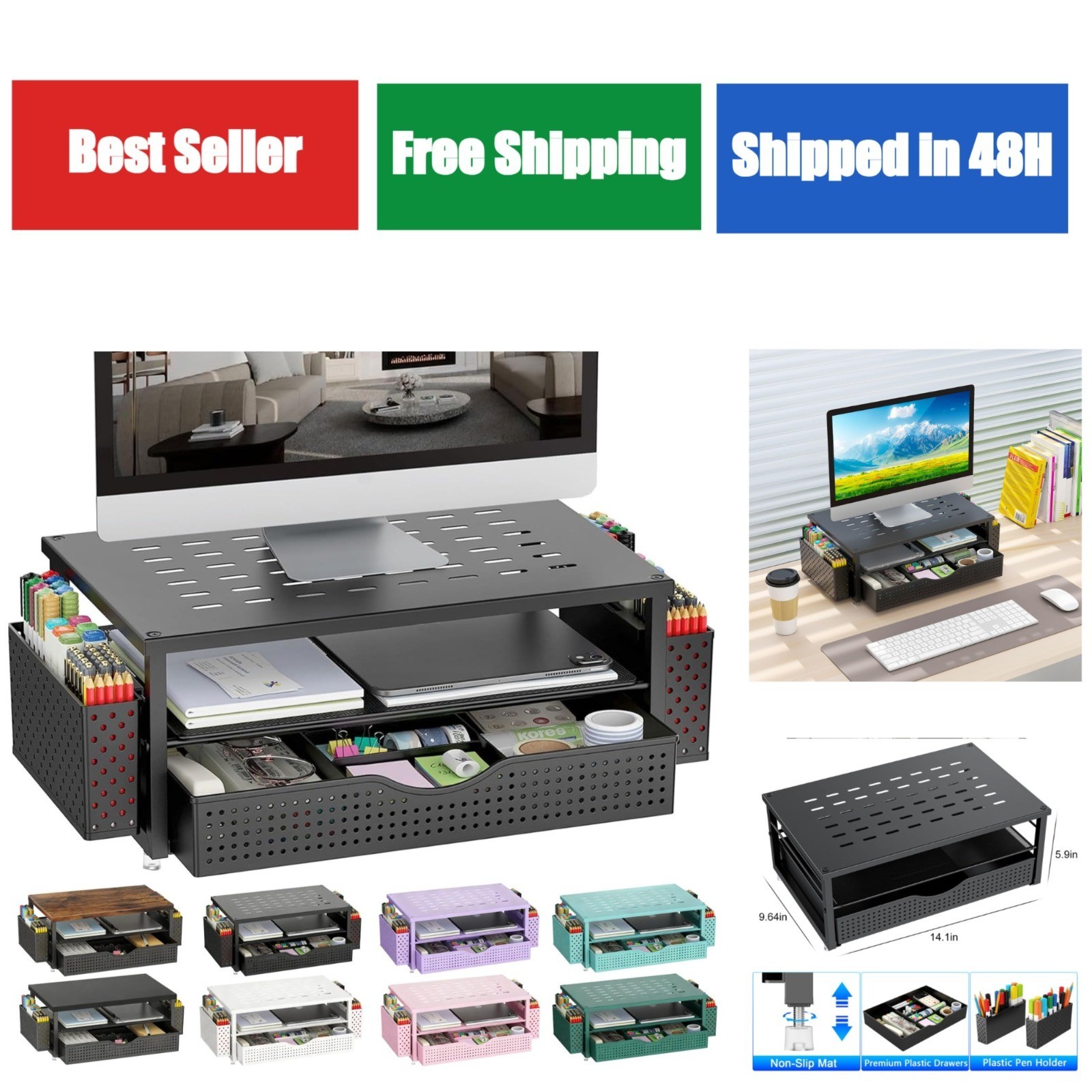gianotter Desk Organizer with Drawer & 2 Pen Holders – Black Monitor Stand