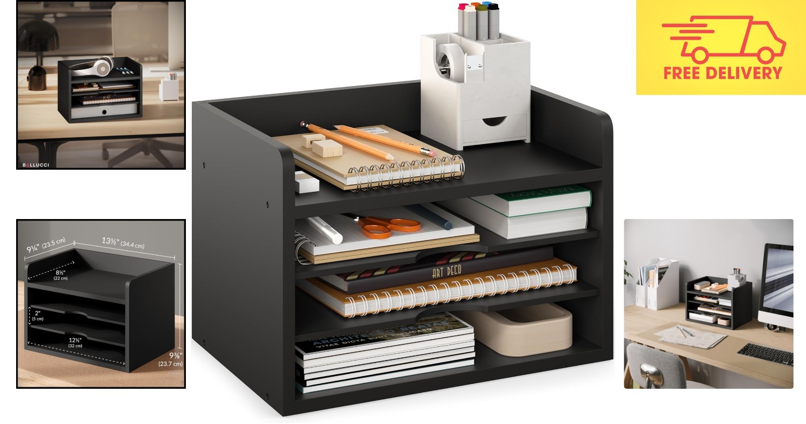 4-Tier Modern Black Desk Organizer – Open Top Paper Tray for Stylish Offices