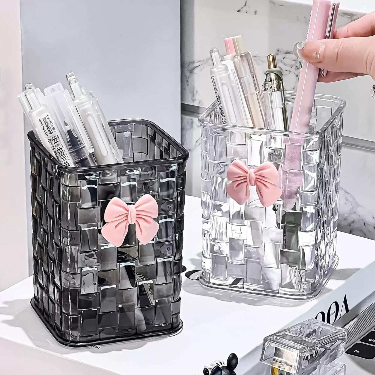 Clear Acrylic Desk Pen Holder, Non-Slip Pencil Organizer with Bow Decoration, Mu