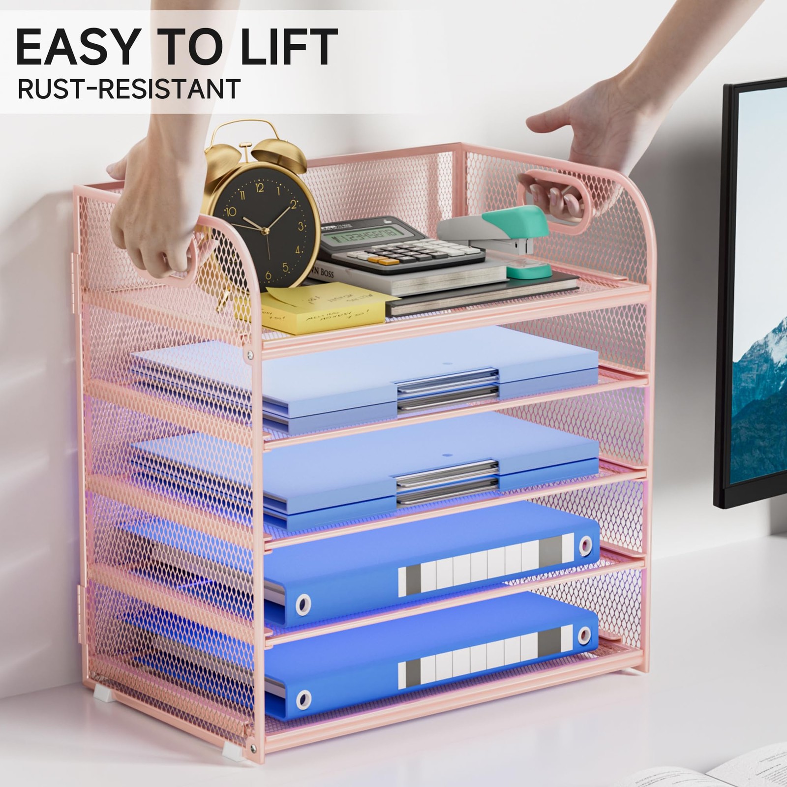 5-Tier Stackable Paper Organizer Handle Pink Metal Mesh Letter Tray File Desk