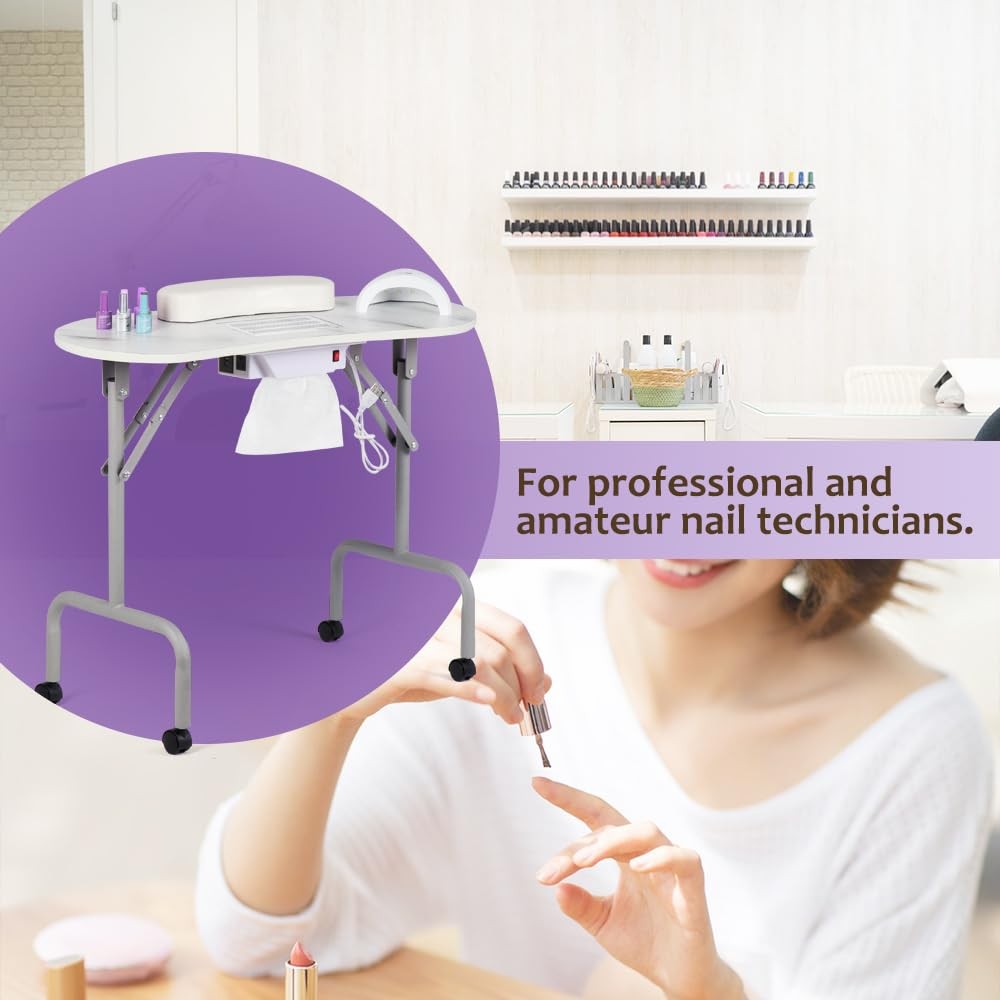 AGESISI Portable Manicure Table 35.43″L x 14.5″W x 27.95″H, White Marbled