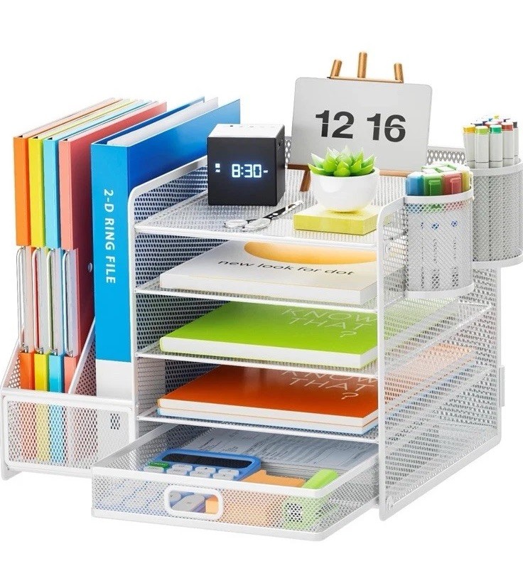 Desk Organizer with File Holder, 5-Tier Paper Letter Tray Organizer with Drawer