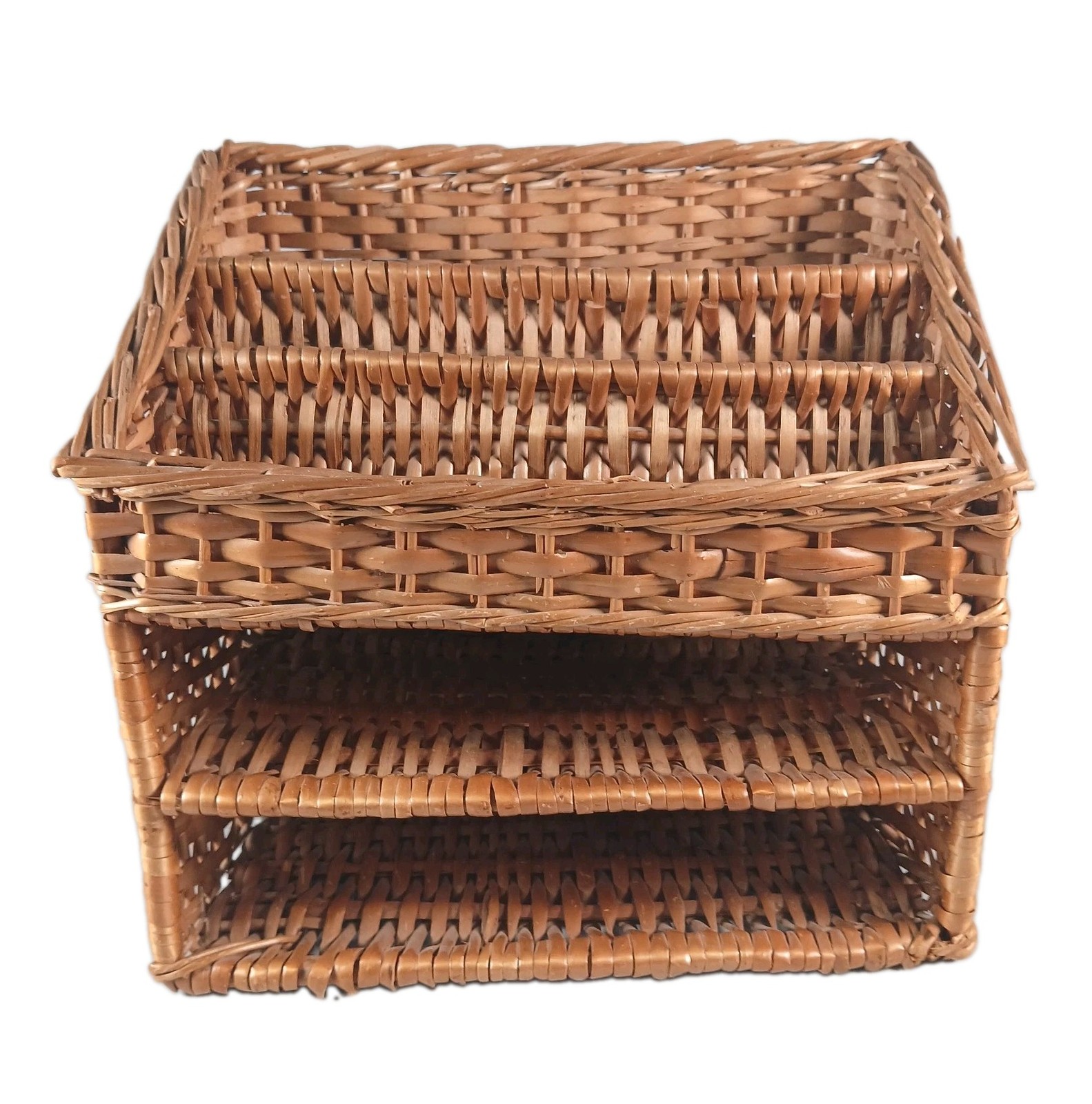 Vintage Wicker Rattan Desk Top Organizer Office Mail Sorter Letter Holder BOHO