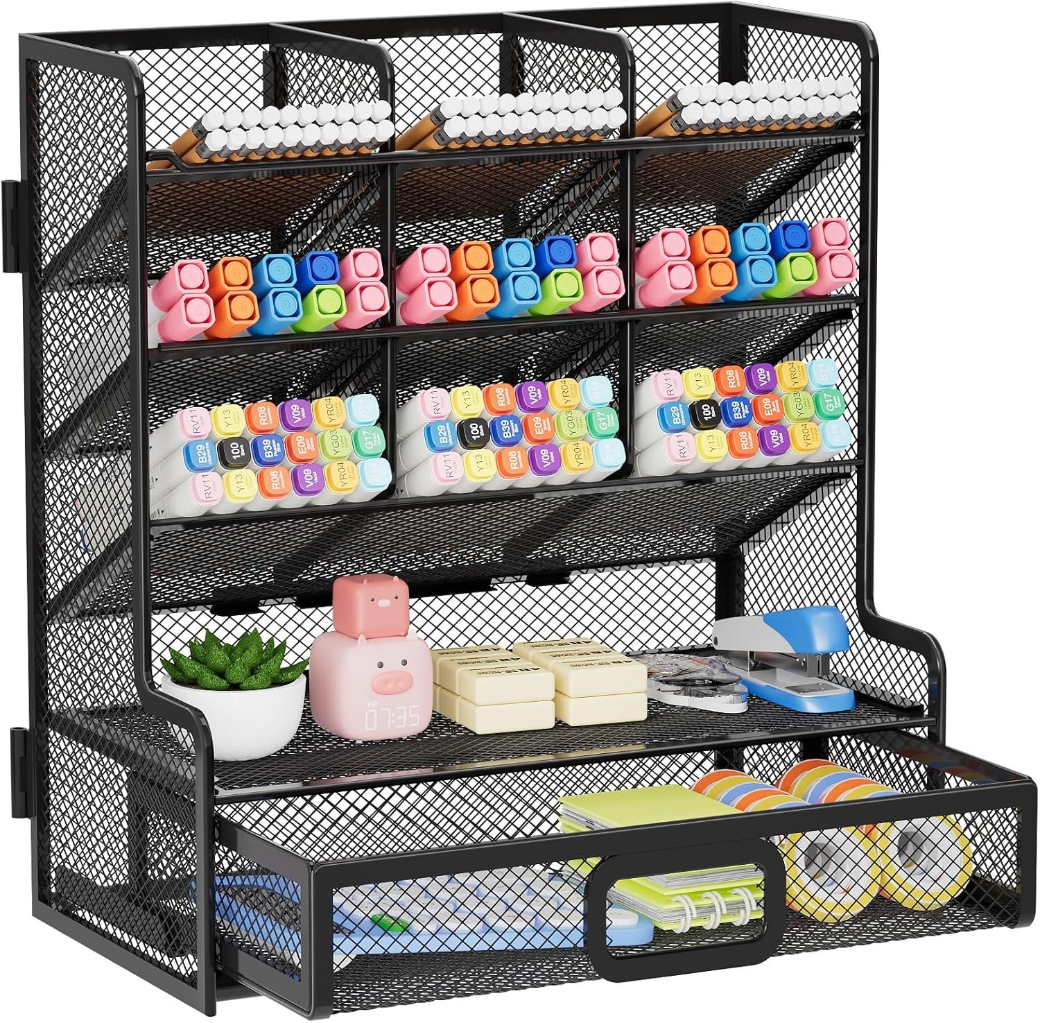 Marbrasse Larger Mesh Desk Organizer with Drawer, Multi-Functional Pen Pencil Ho