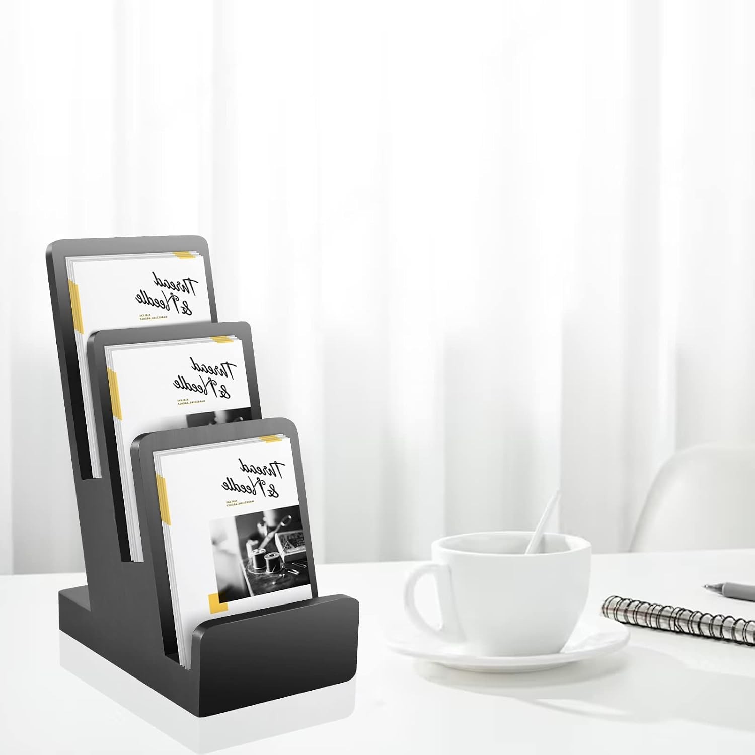Tier Literature Holder Pine Wood Black Trifold Brochure Organizer Desk Organizer