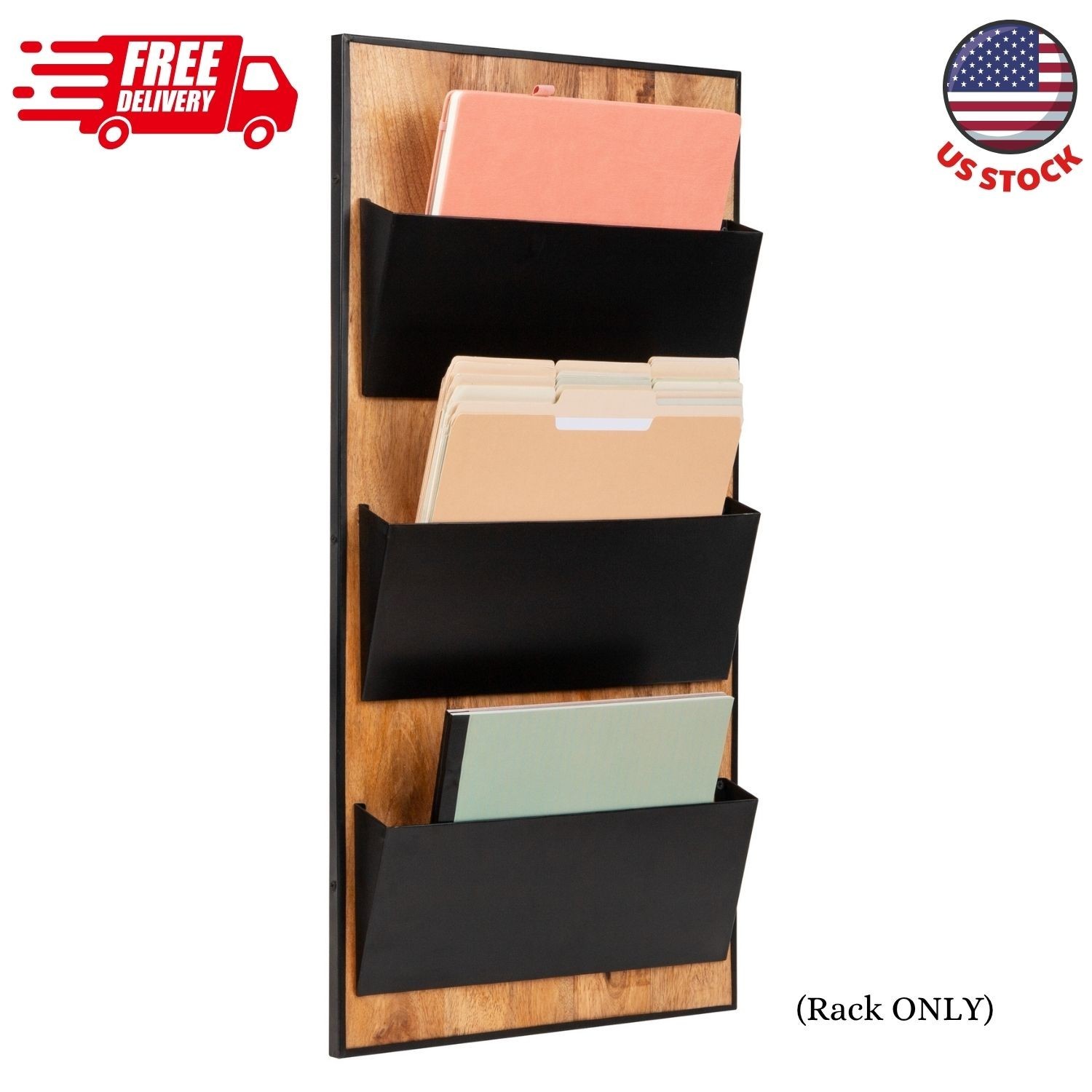 3-Tier Wall-Mounted File Organizer, Wood and Metal Vertical Rack, Black
