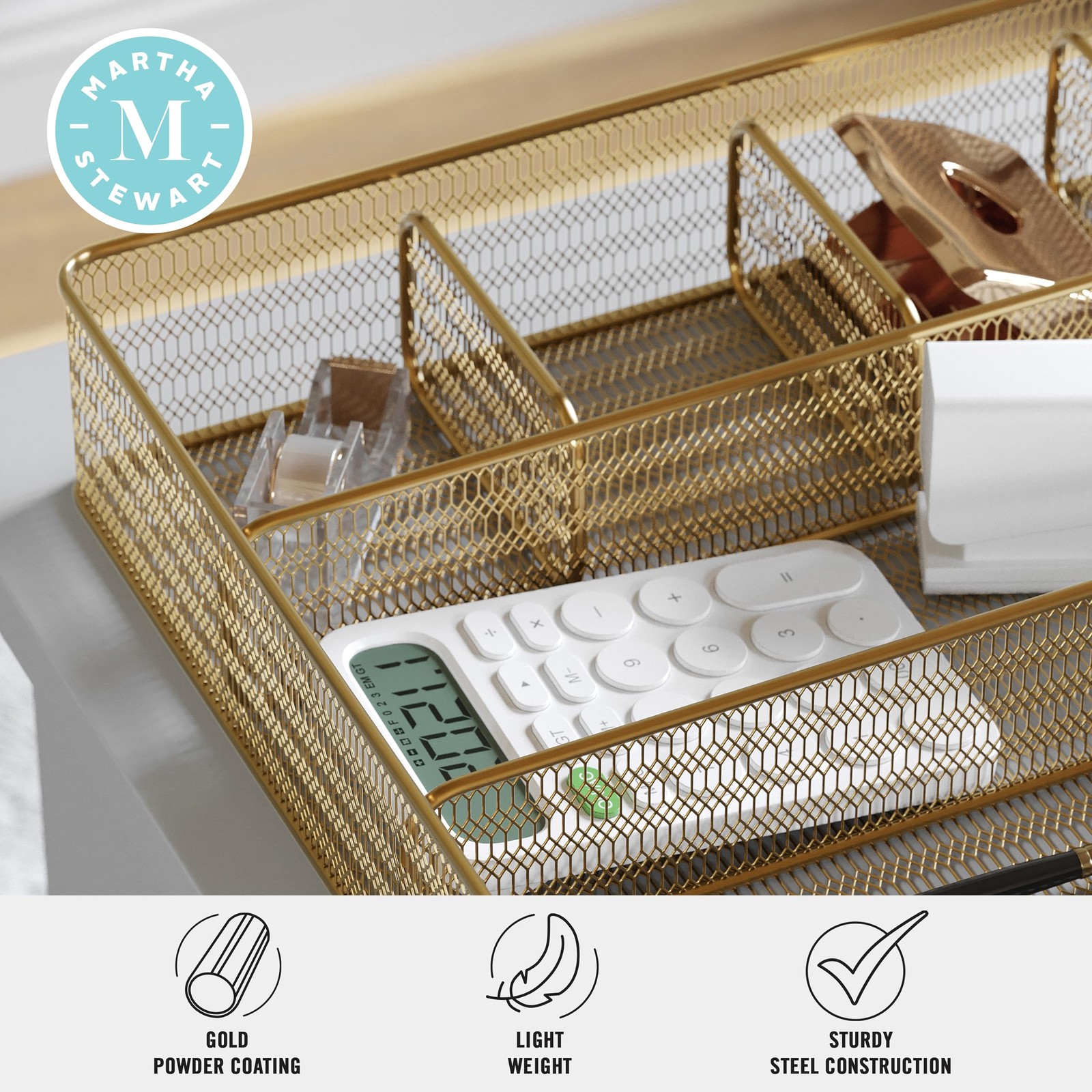 Martha Stewart Ryder Gold Mesh Metal 6 Compartment Large Desk Drawer Organizer