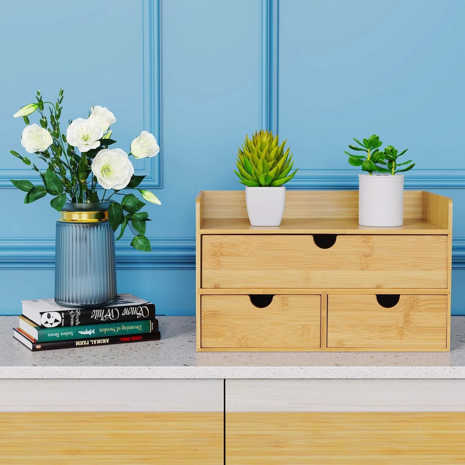 Bamboo 3-Drawer Desk Organizer with Shelf, No Assembly, 12.99×7.48×7.87 in