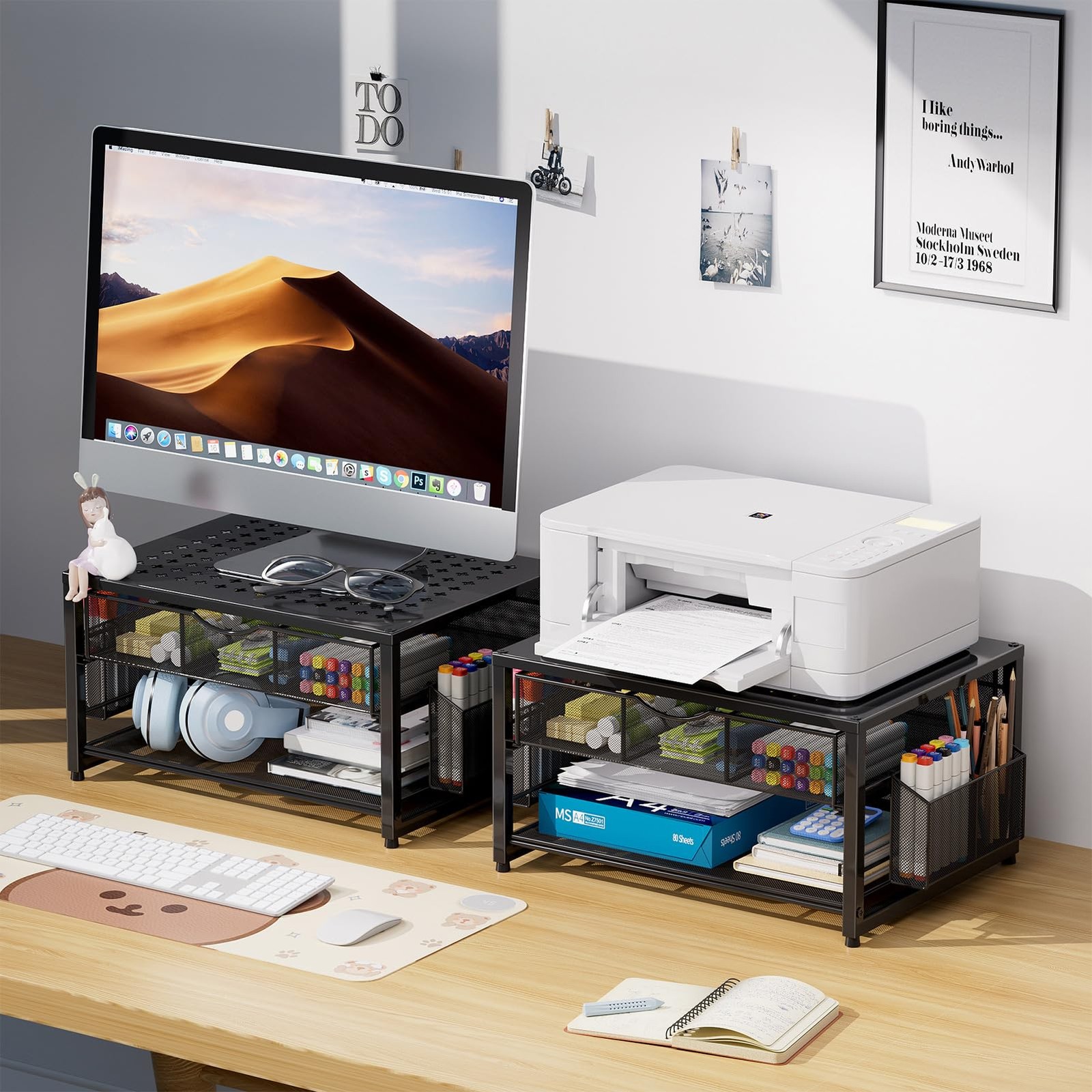 Marbrasse Metal Printer Stand for Desk with Storage Drawer and 2 Pen Black