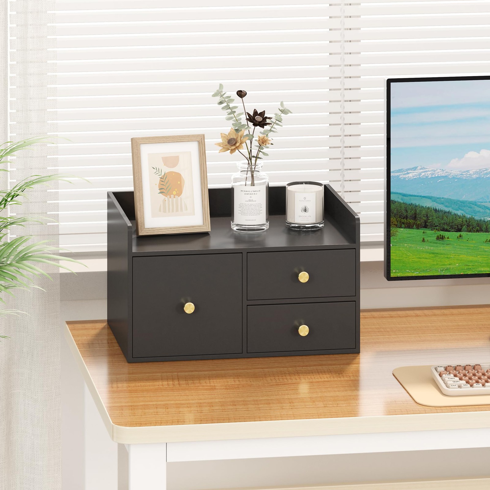 Bamboo Desk Organizer with Drawers Wooden Desktop Storage Organization Box fo…