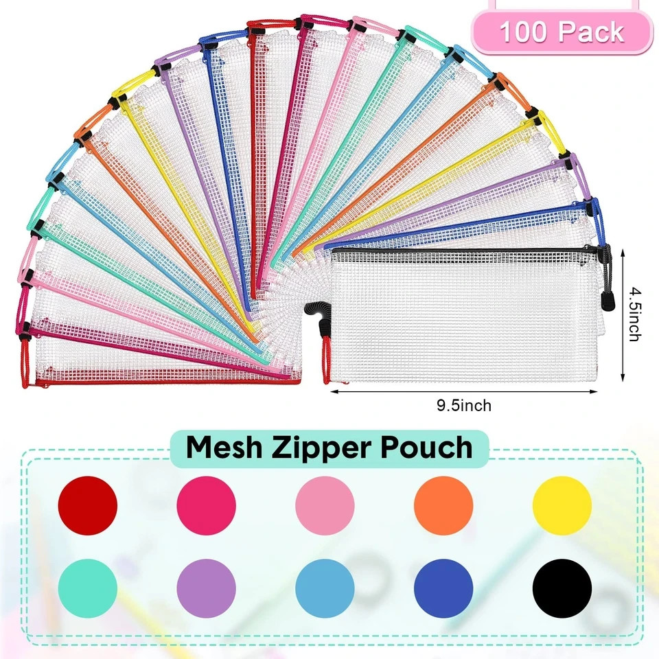 100 Pack Pencil Pouch Bulk Mesh Zipper Pencil Cases 9.5” x 4.5” Small Clear…