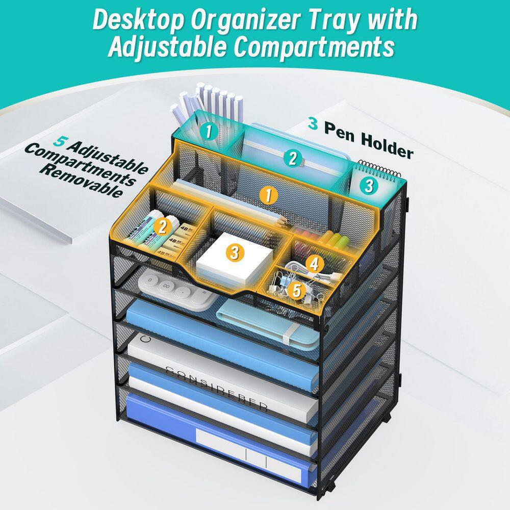 1 Pack 6-Tier Black Mesh Letter Tray Organizer with 3 Pen Holders and 5 Adjustab