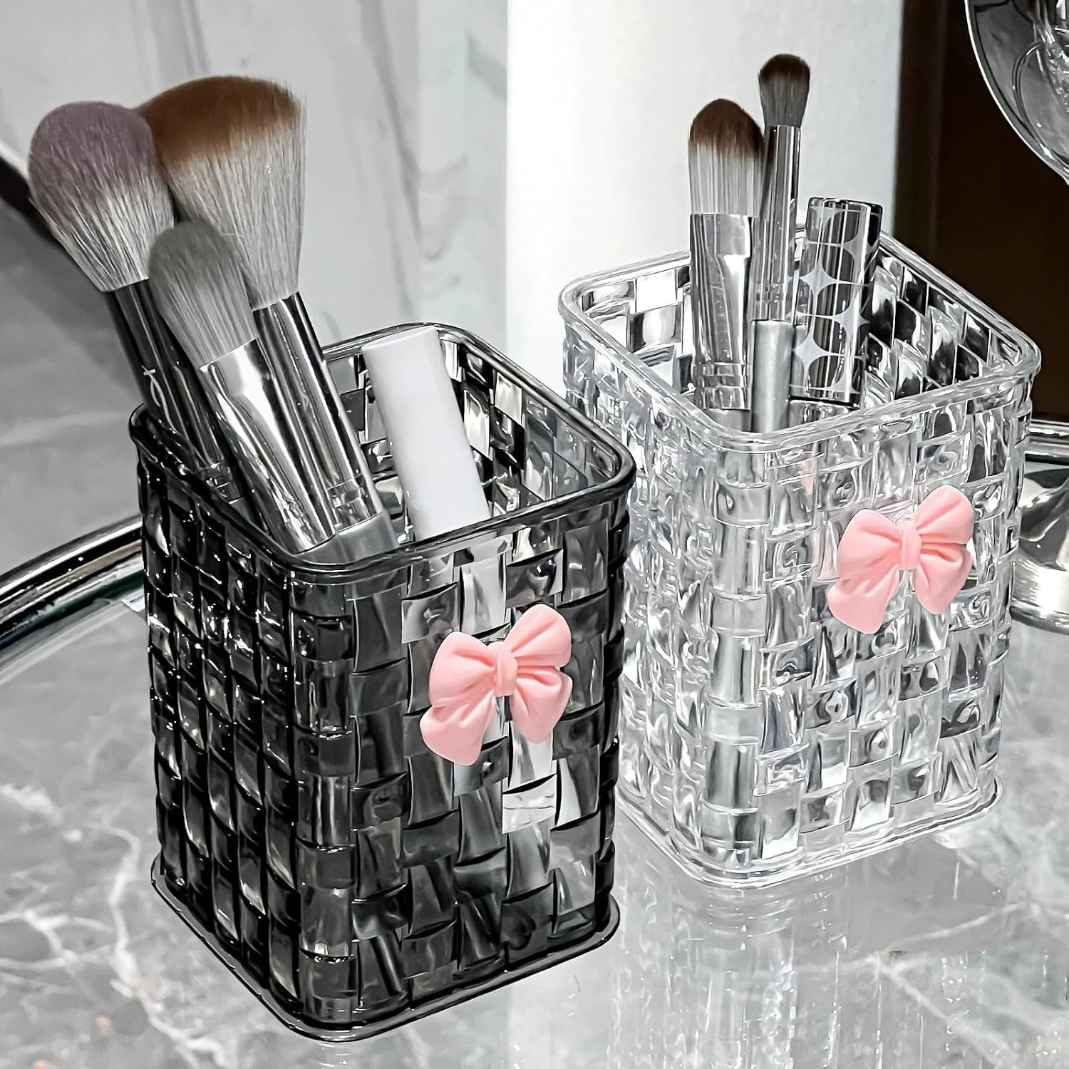 Clear Acrylic Desk Pen Holder, Non-Slip Pencil Organizer with Bow Decoration, Mu