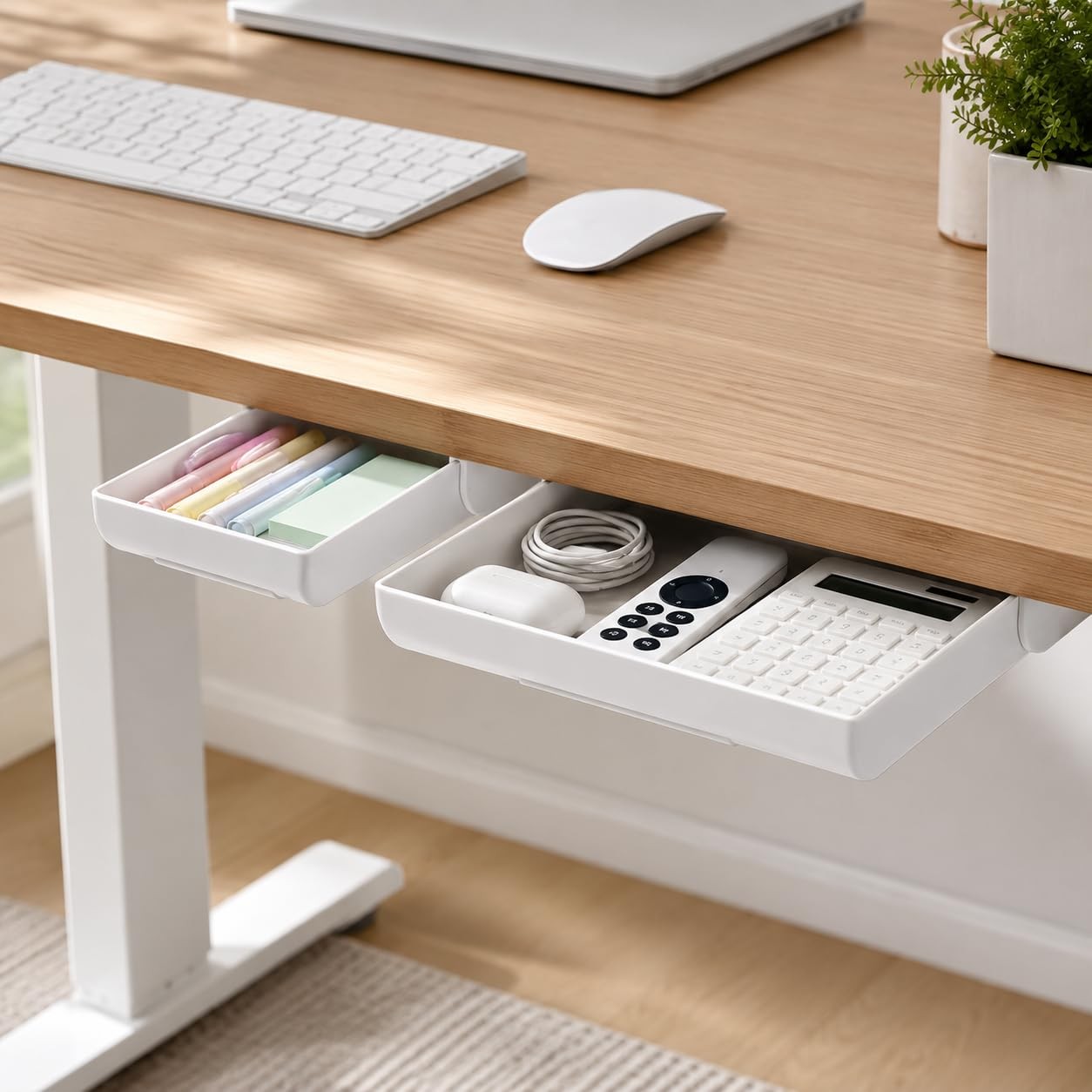 YOOUSOO 2 Pack Under Desk Storage Drawer Organizer, Hidden Slide Out white