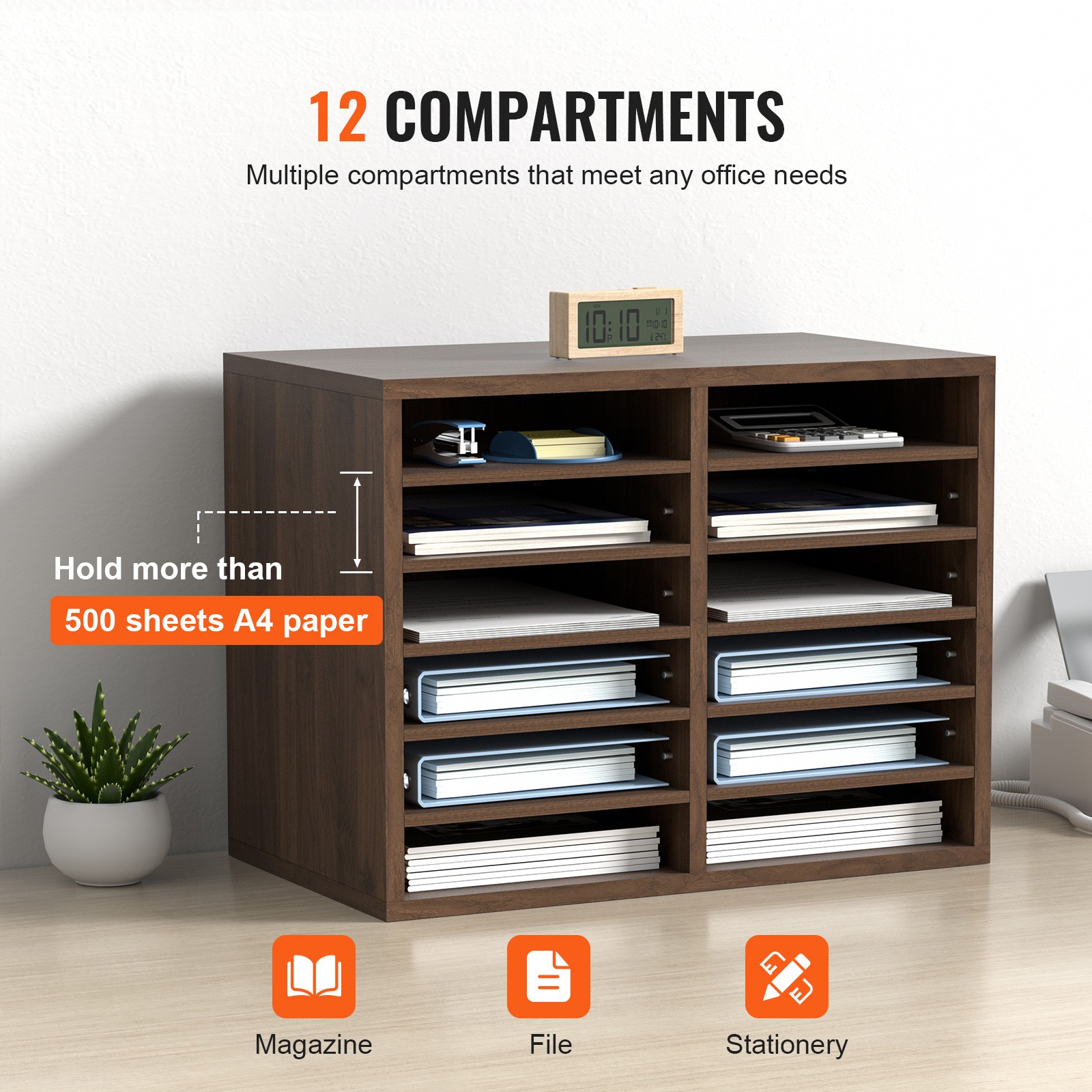 VEVOR Wood Literature Organizer Adjustable File Sorter 12 Compartments Brown