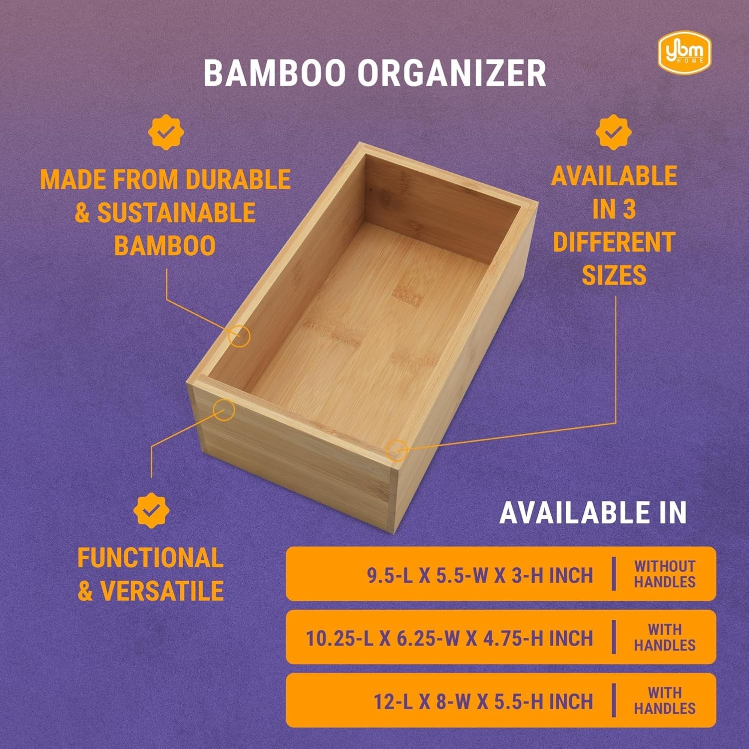 YBM Home Bamboo Storage Boxes with 10.25″ L x 6.25″ W x 4.75″ H, Natural Wood