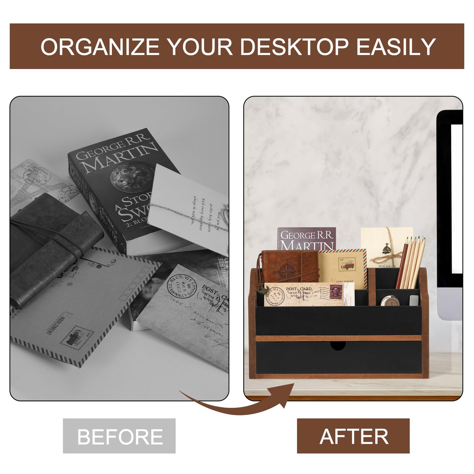 Desk Organizer with Drawer Wood File Office Mail Organizer Countertop-5 Slot …